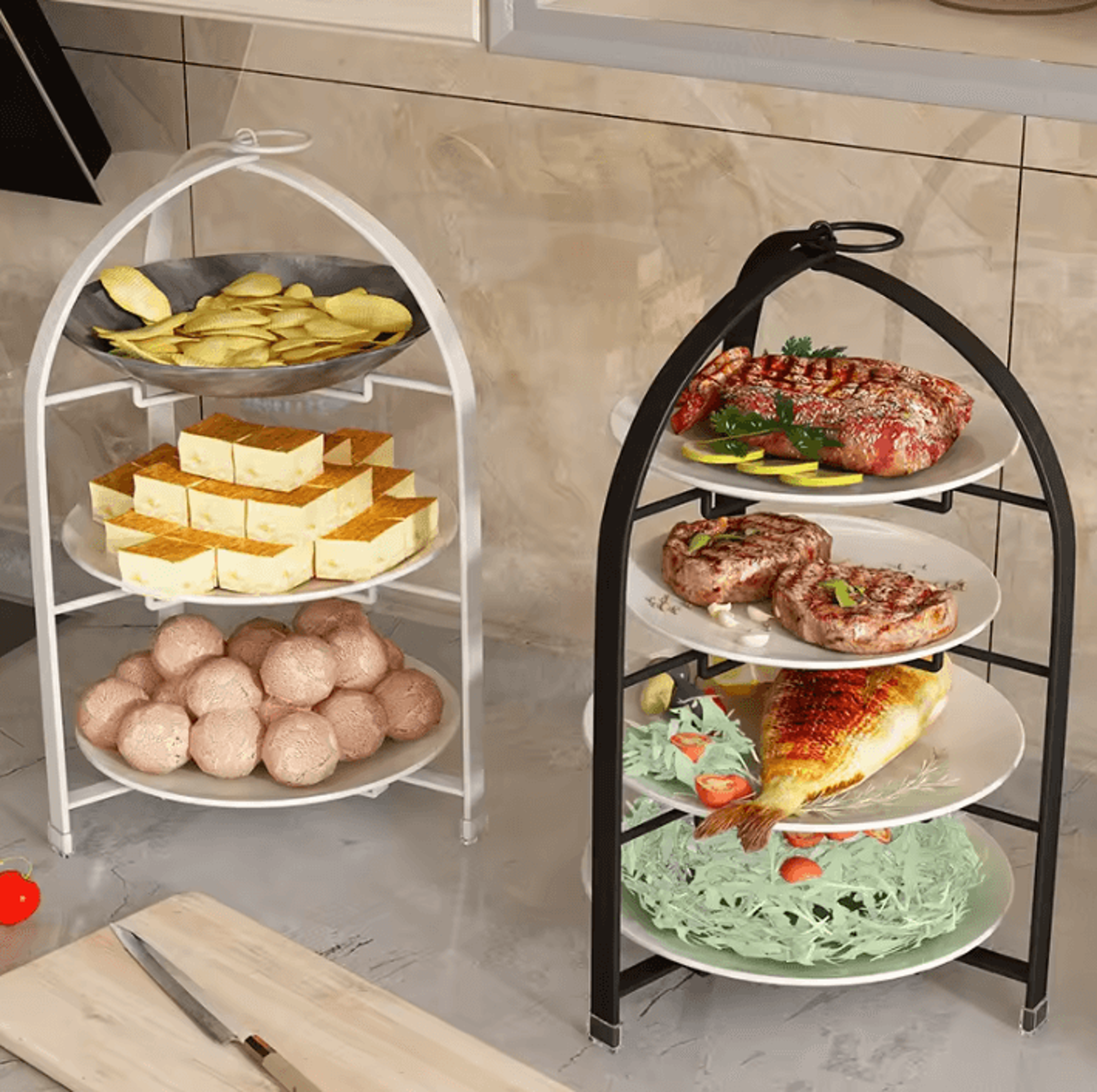 3/4-tier kitchen storage rack foldable wall-mounted vegetable and side dish organizer no-drill