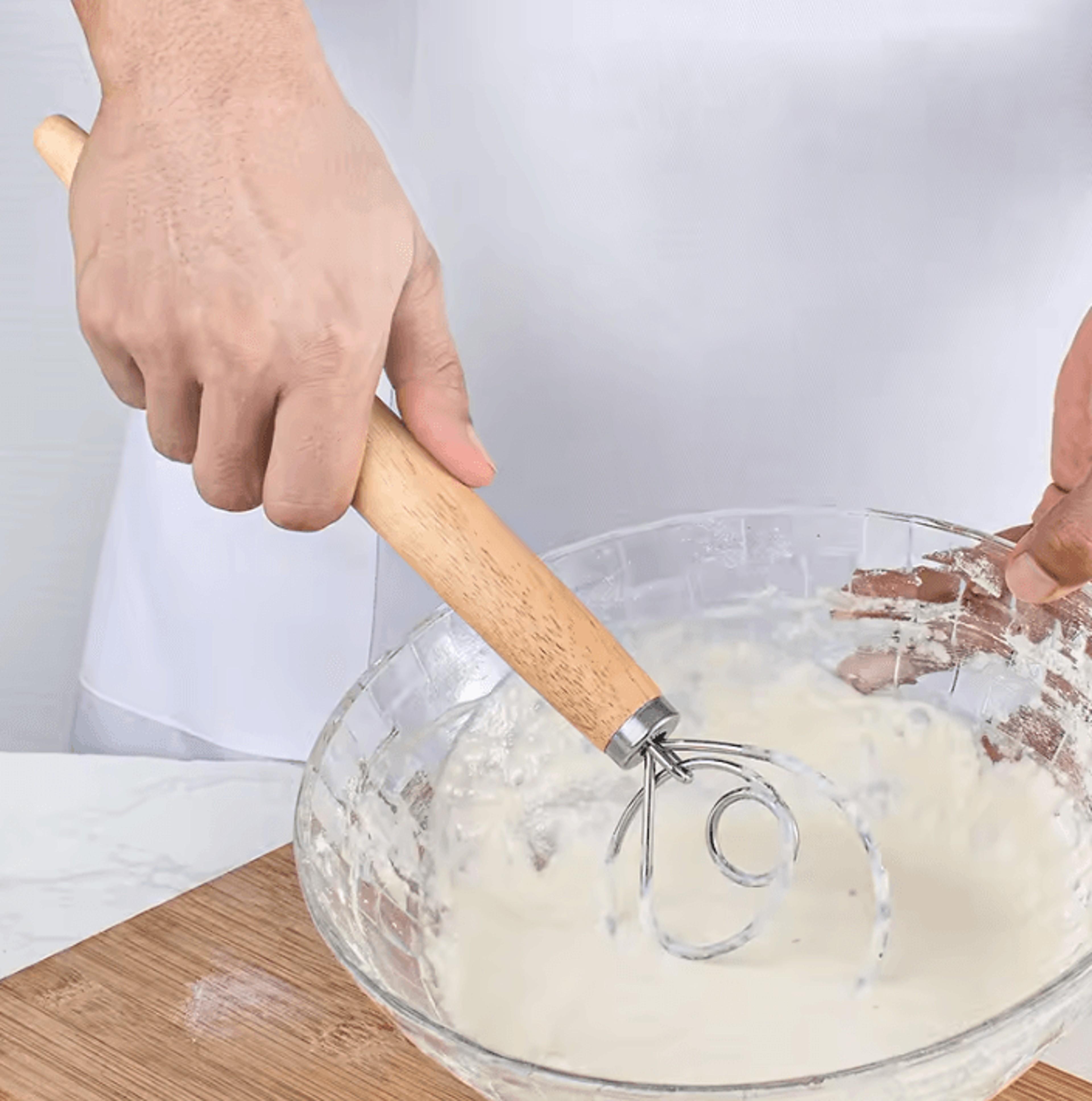 13-inch danish dough whisk with oak handle stainless steel bread and batter mixer