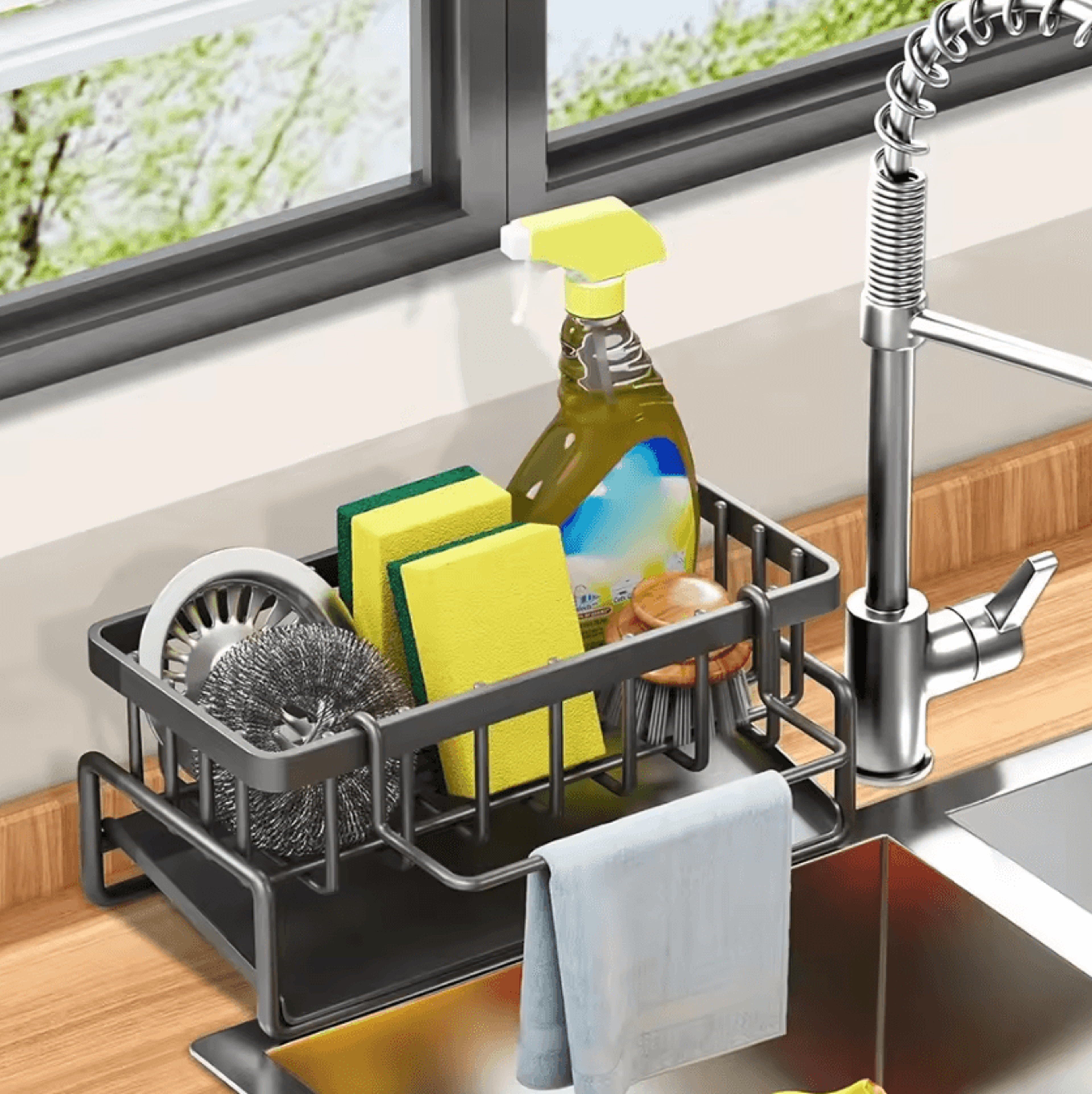 kitchen sink caddy organizer faucet sponge holder with soap drainer and dishcloth rack