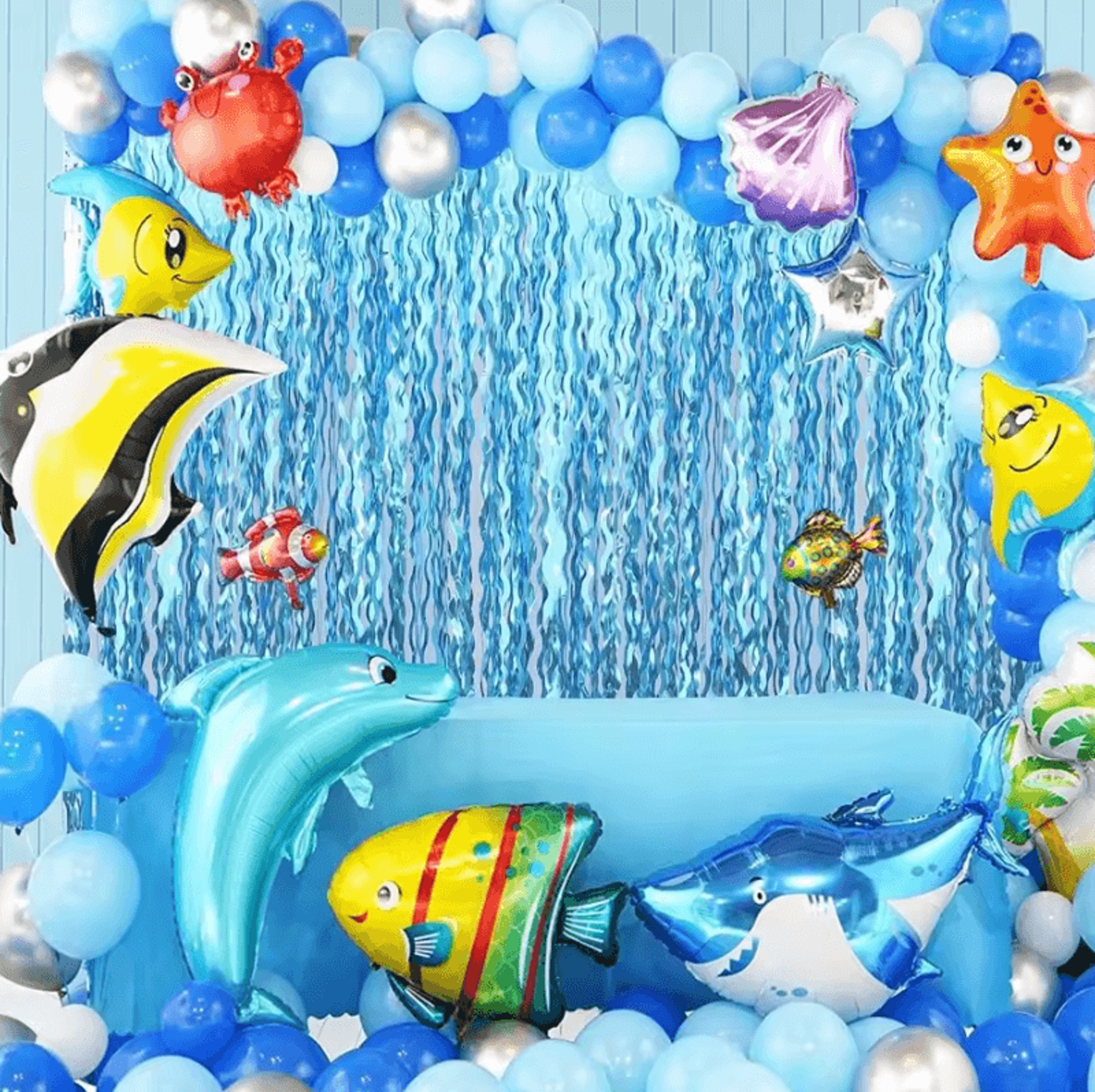 wavy tinsel foil fringe curtain mermaid party backdrop for under the sea decorations