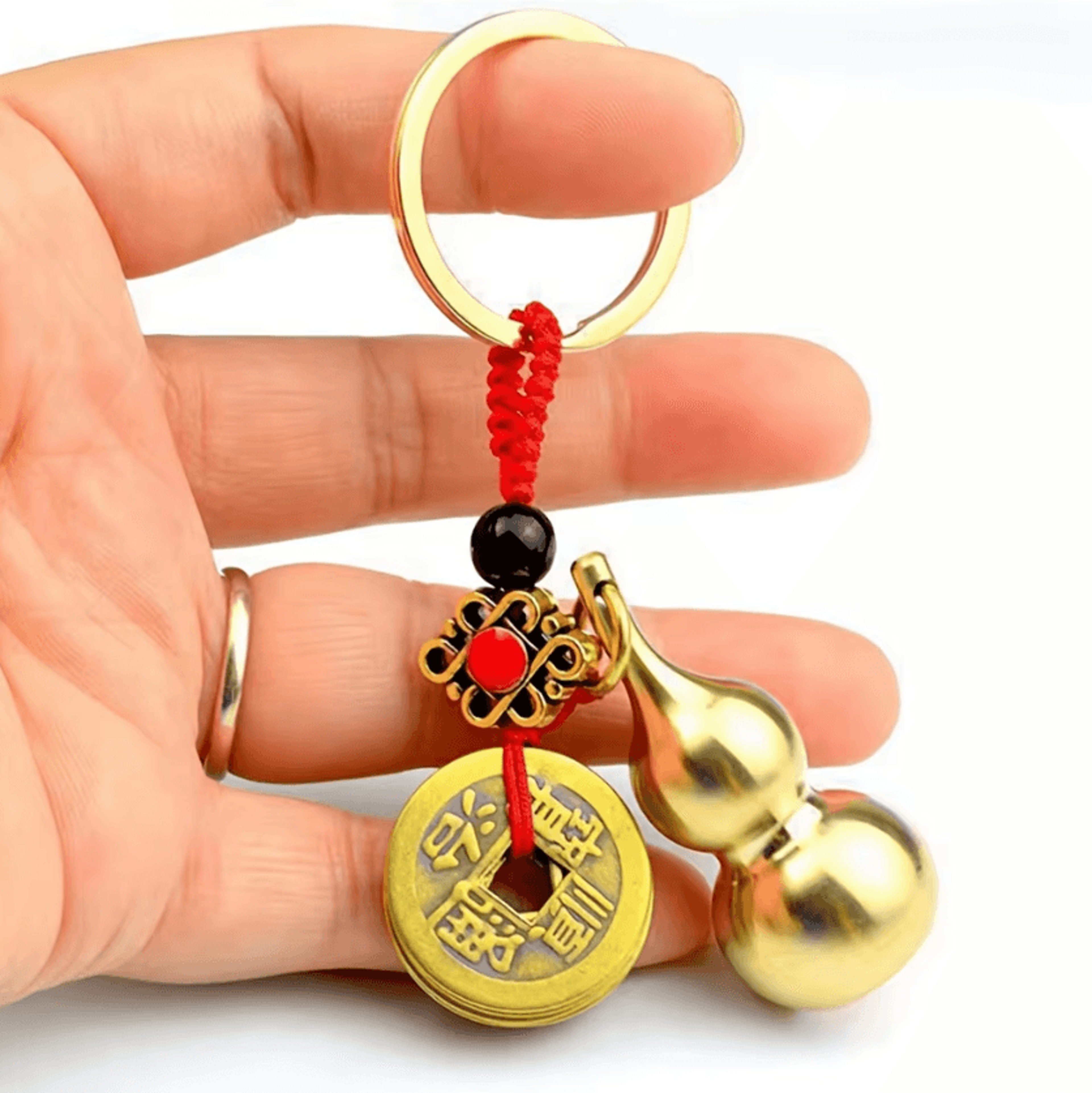 brass feng shui gourd keychain with fortune coins and chinese knot for luck and prosperity