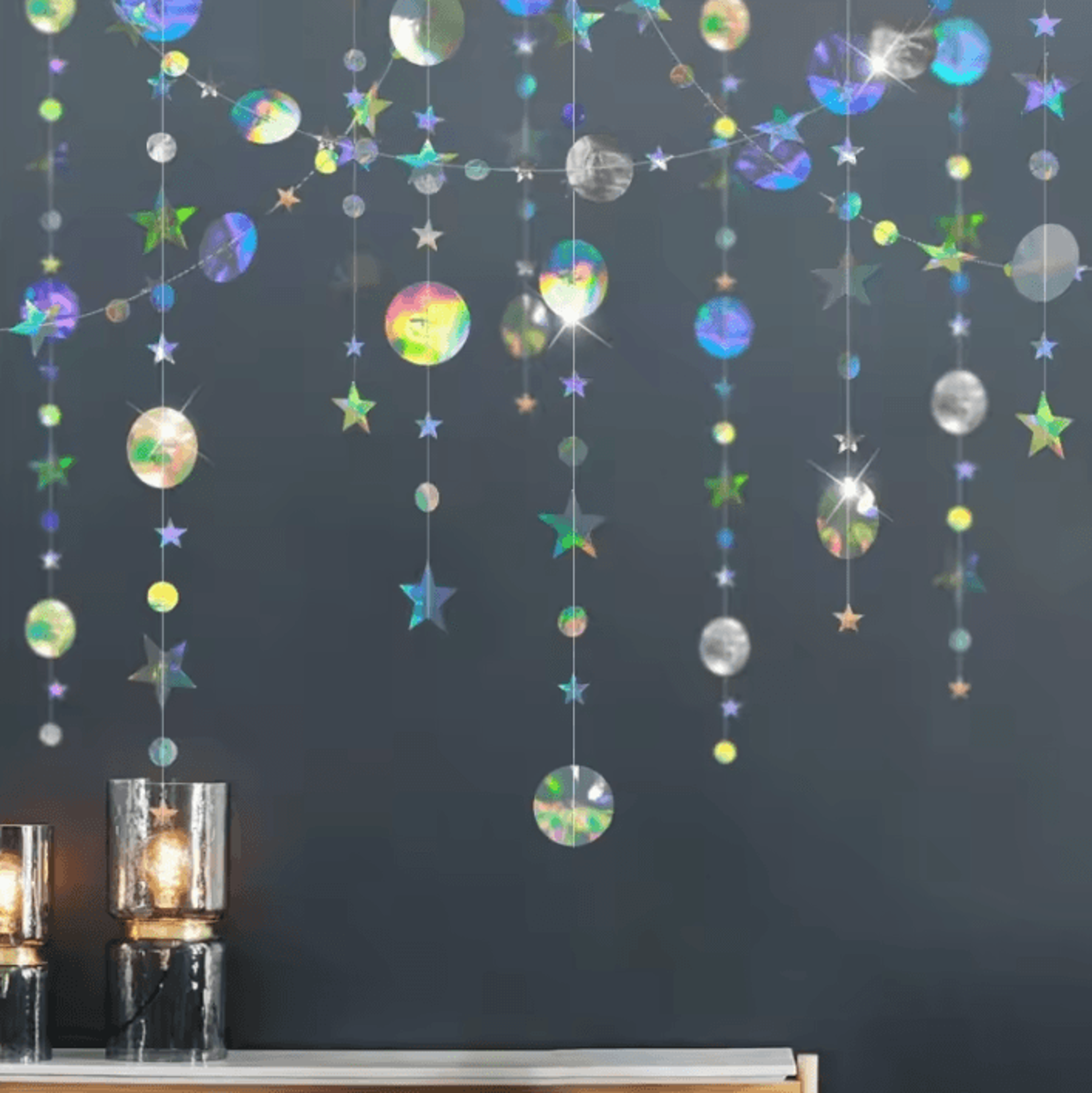 iridescent star garland banner hanging decorations for birthdays, weddings, baby showers, and eid