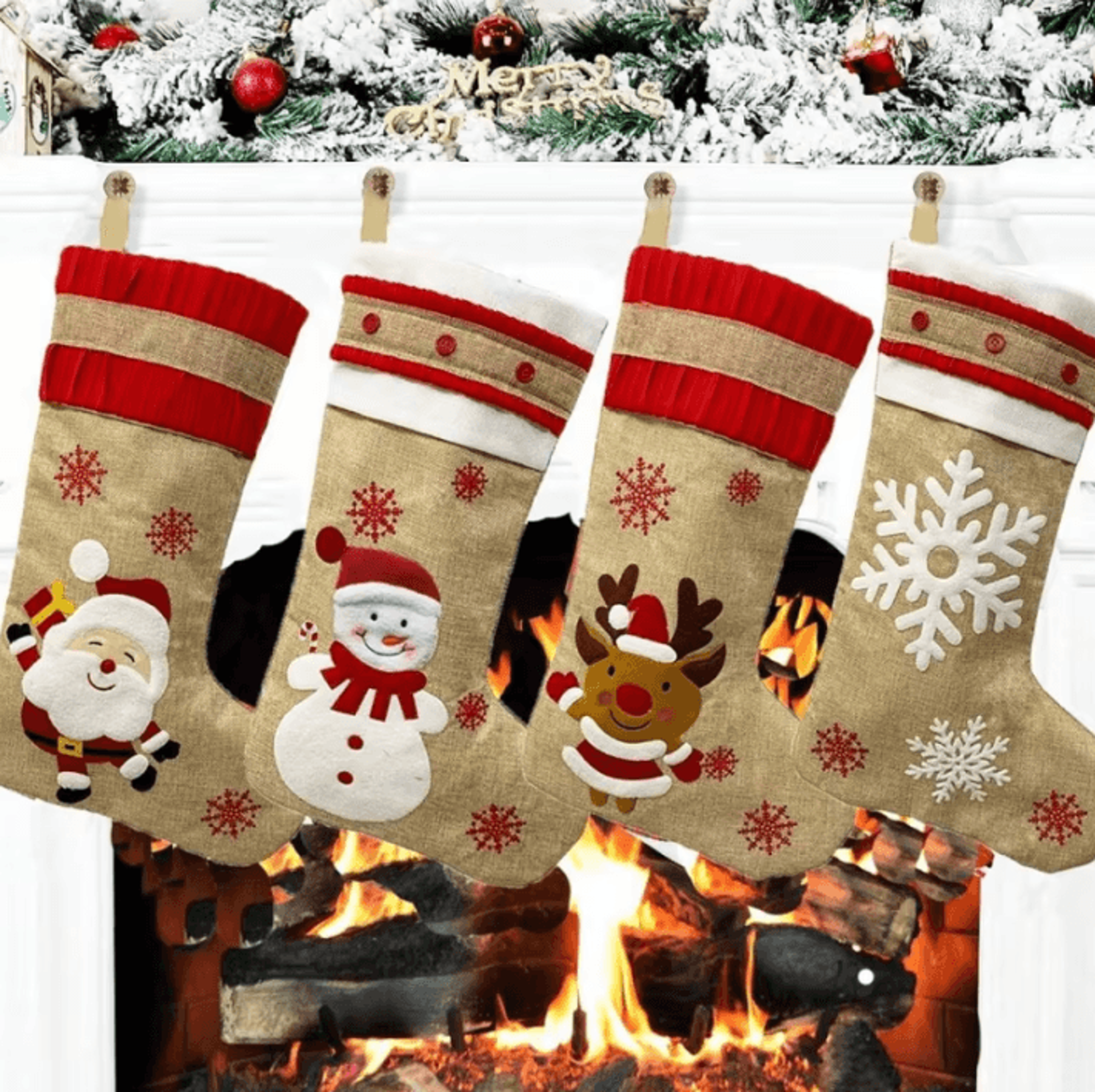 country style christmas linen stocking hanging fireplace tree decoration
