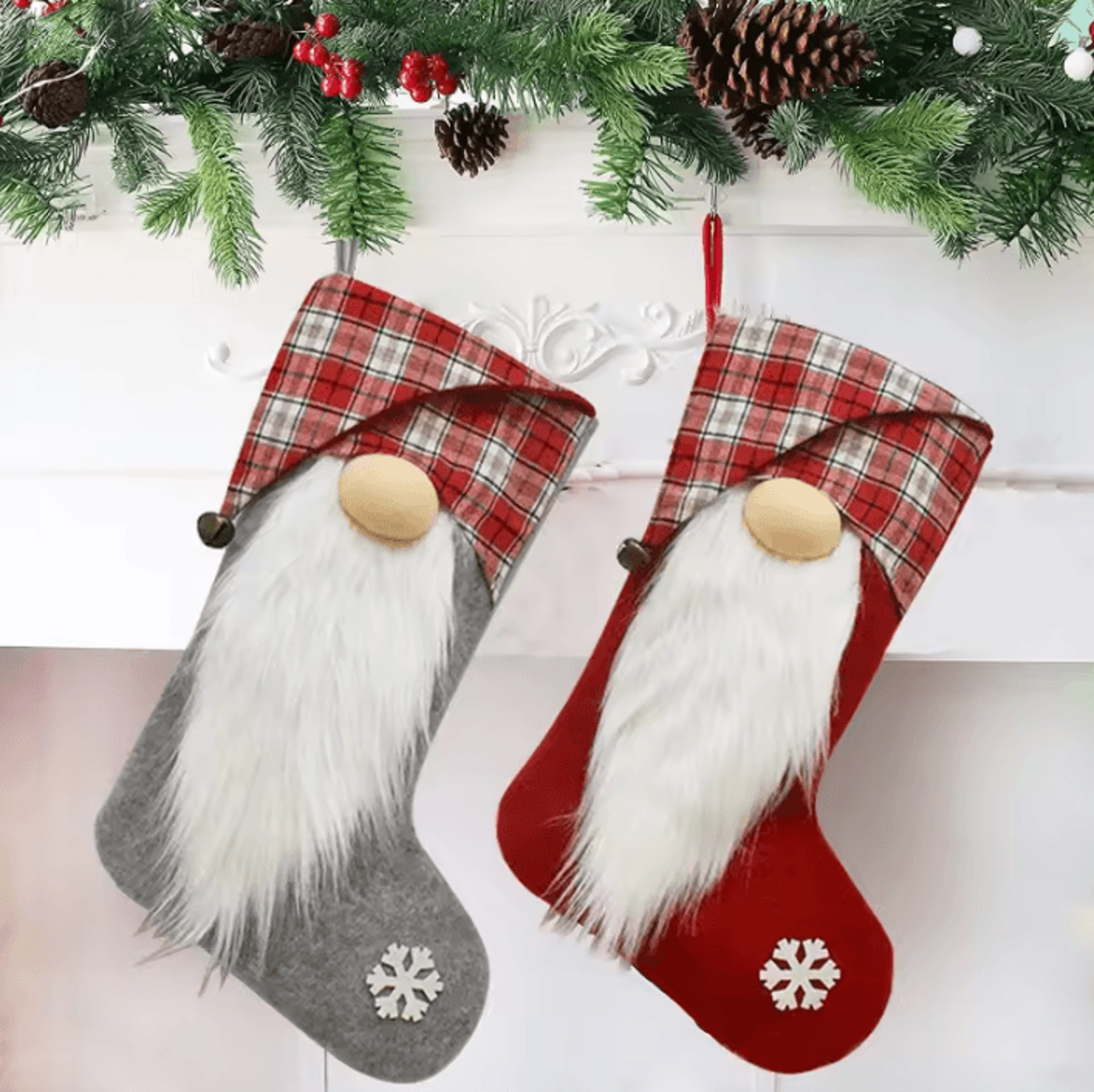 buffalo plaid christmas stocking with gnome holiday fireplace decoration