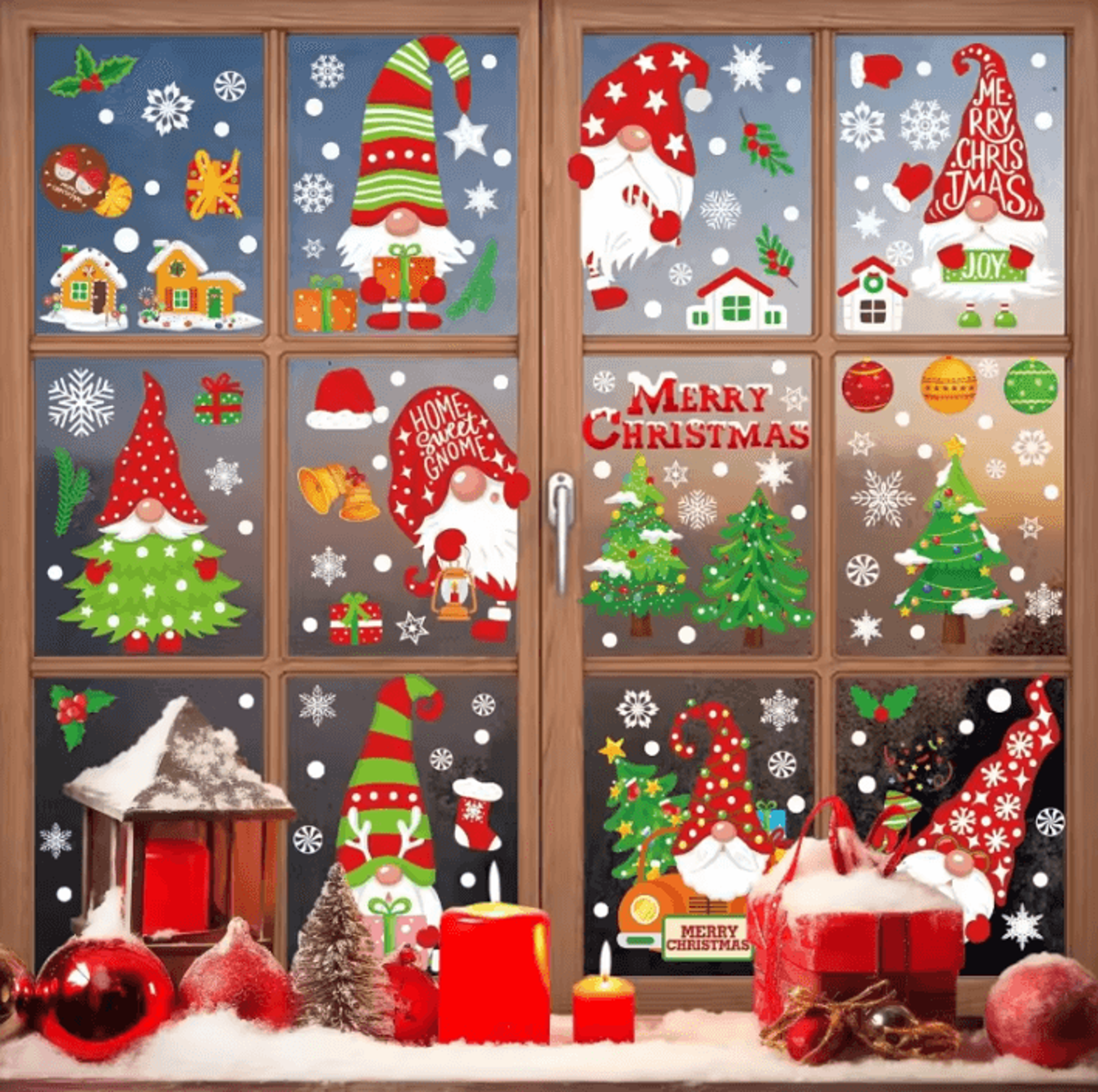 christmas window sticker set with santa snowman elf and reindeer decorations