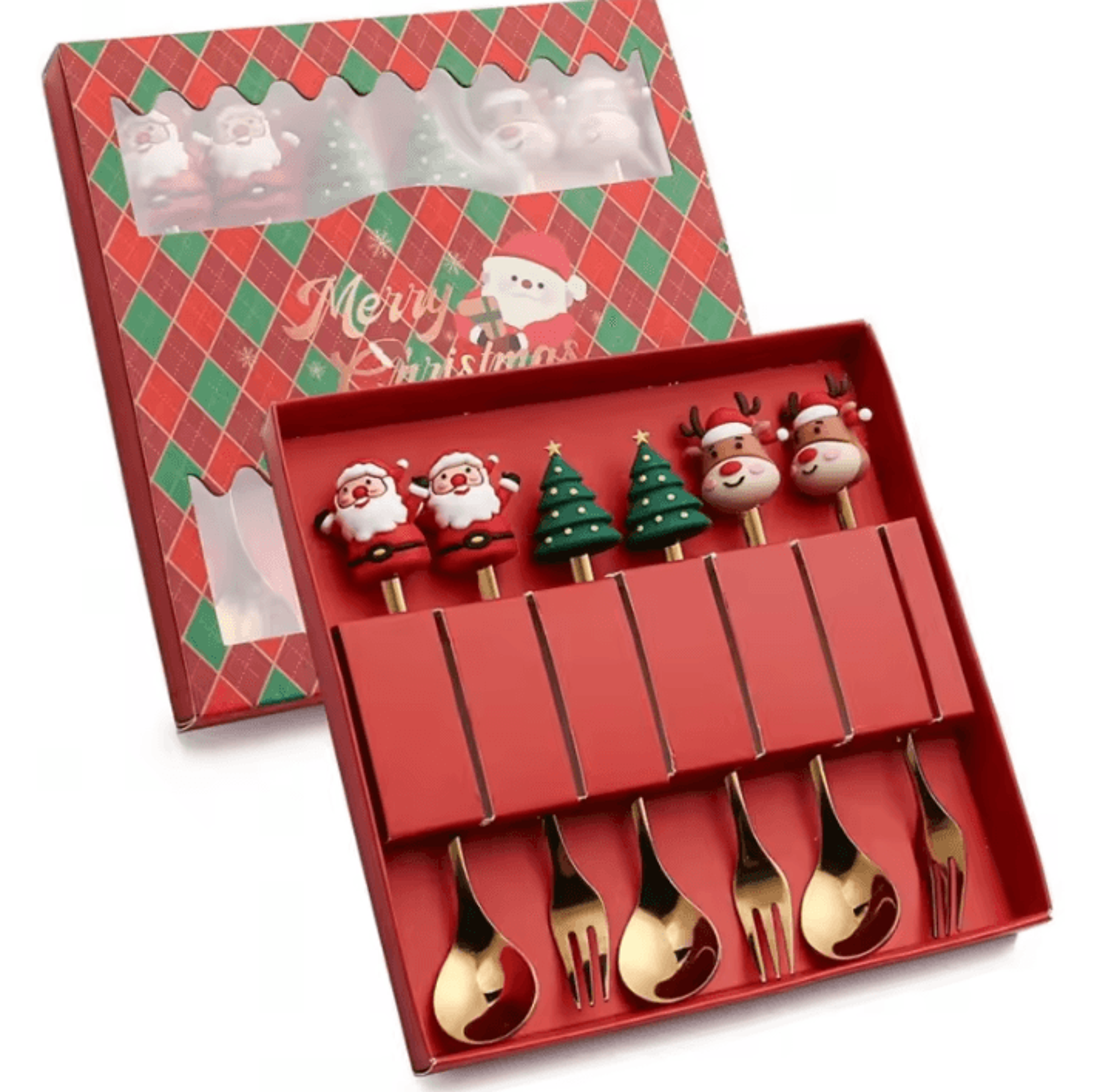 stainless steel christmas dessert spoon set with santa and tree design