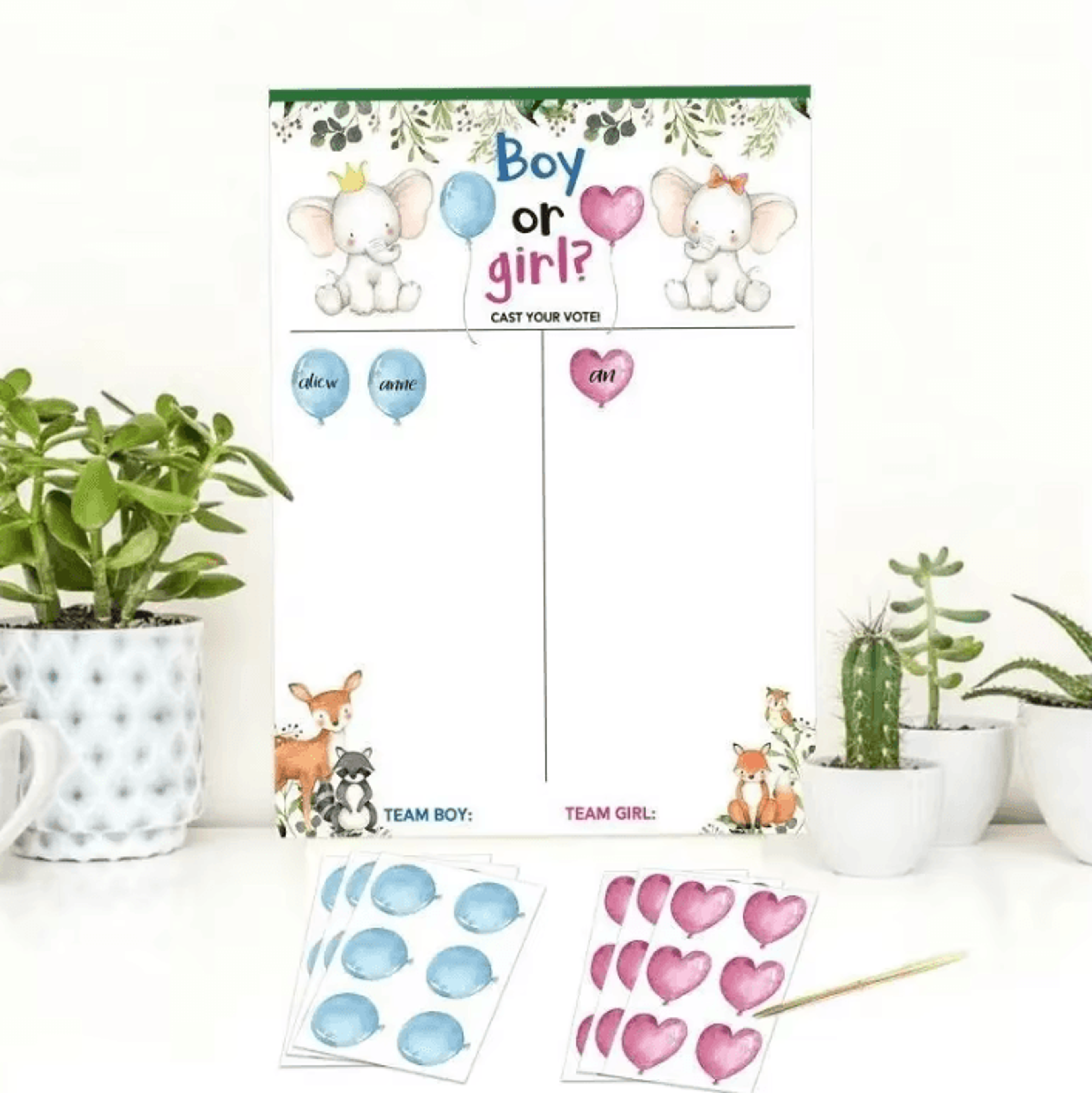 gender reveal game poster set with balloon and heart stickers