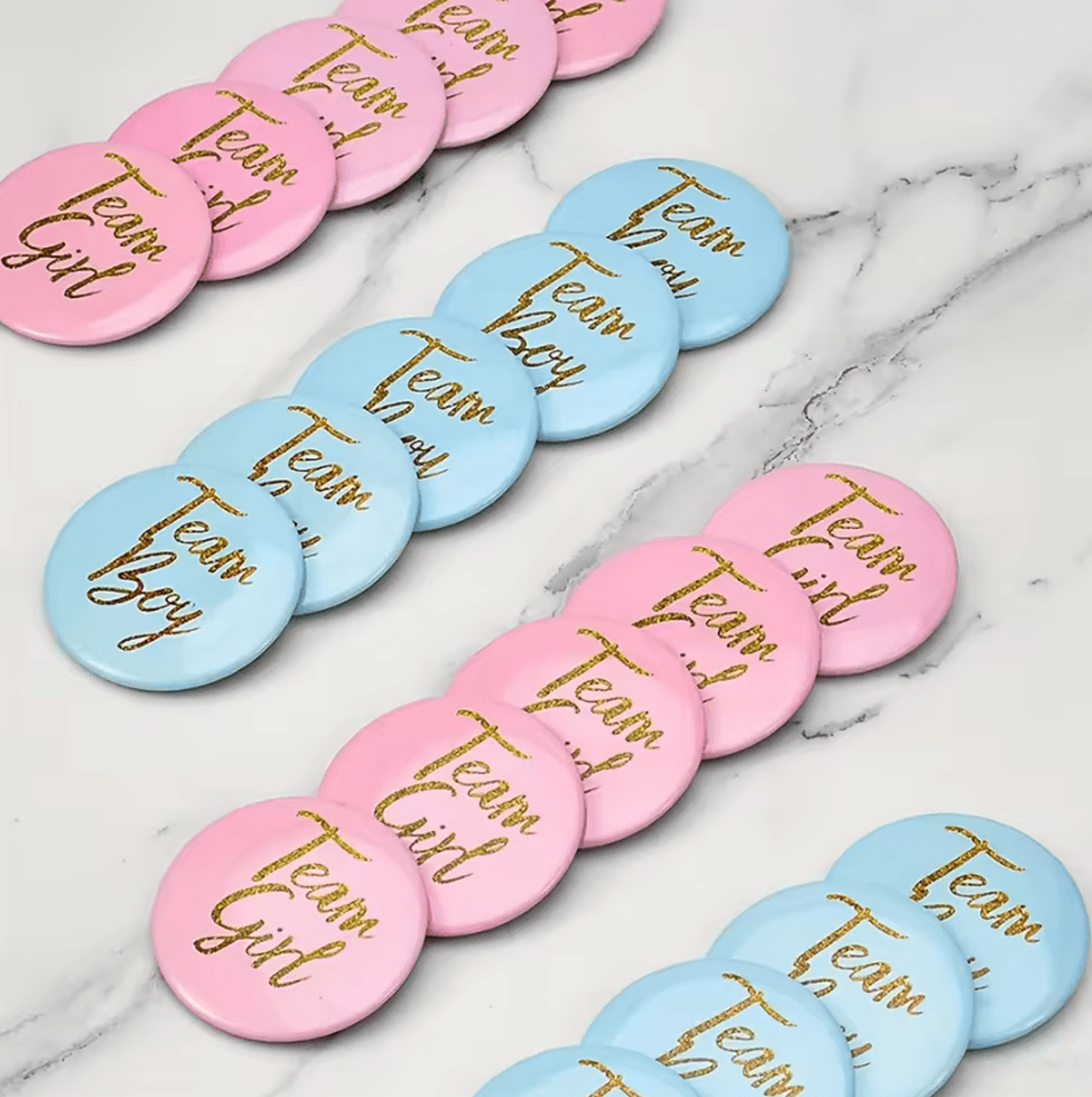 gender reveal team badge pins blue and pink party chest badges