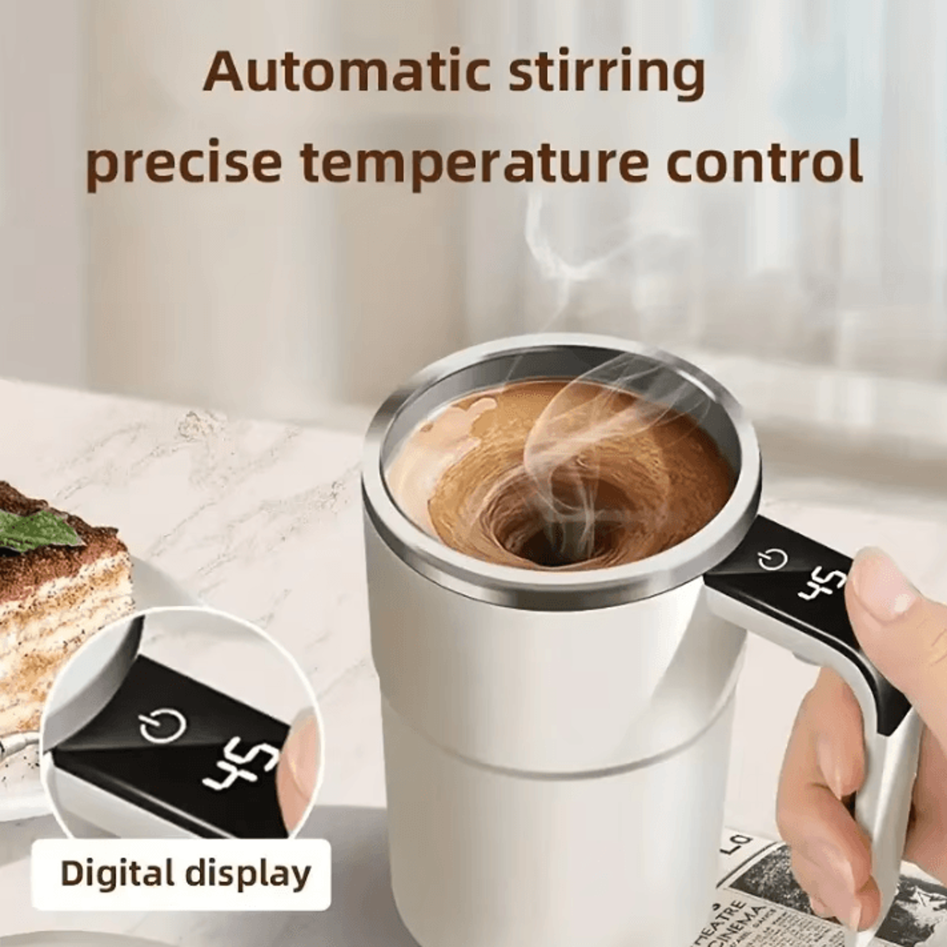 smart self-stirring coffee mug – self stirring mug with digital display & usb rechargeable mixing