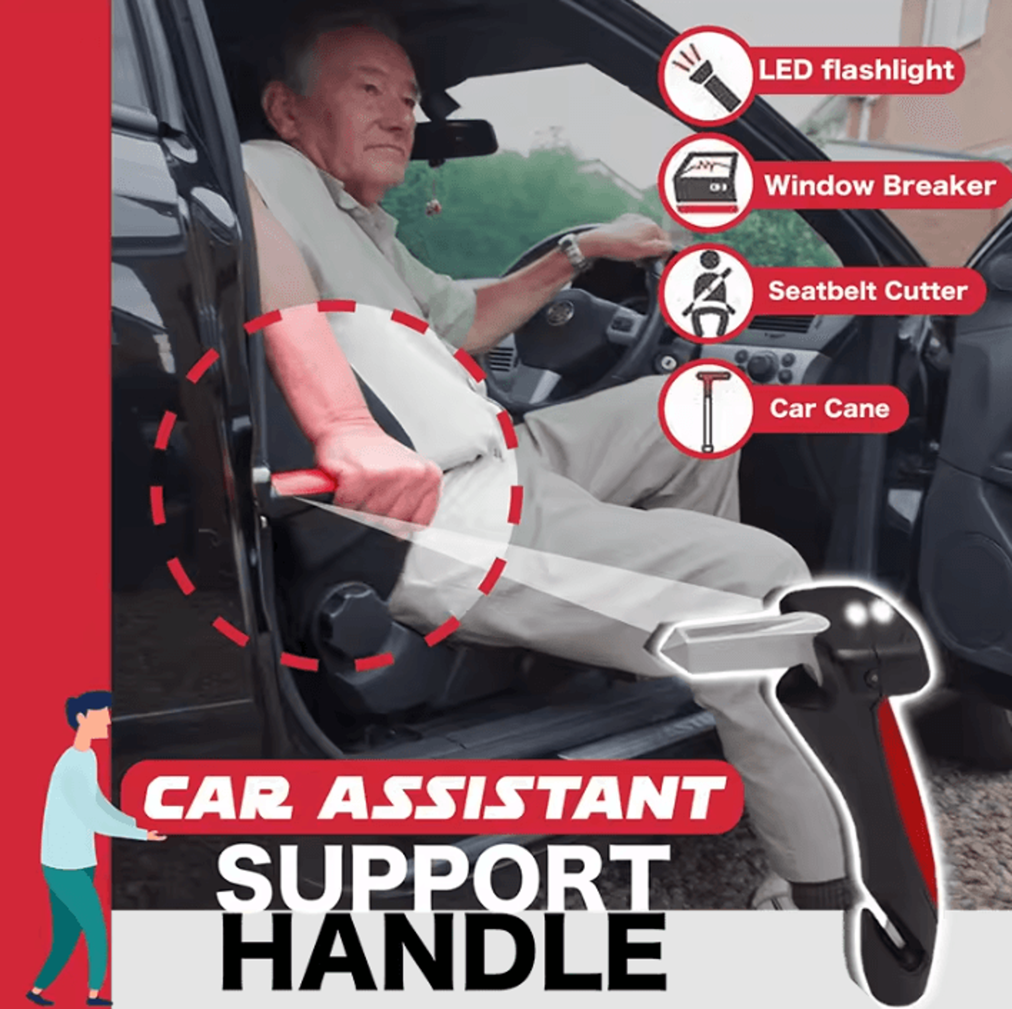 universal 4 in 1 car safety hammer and assist handle with led light