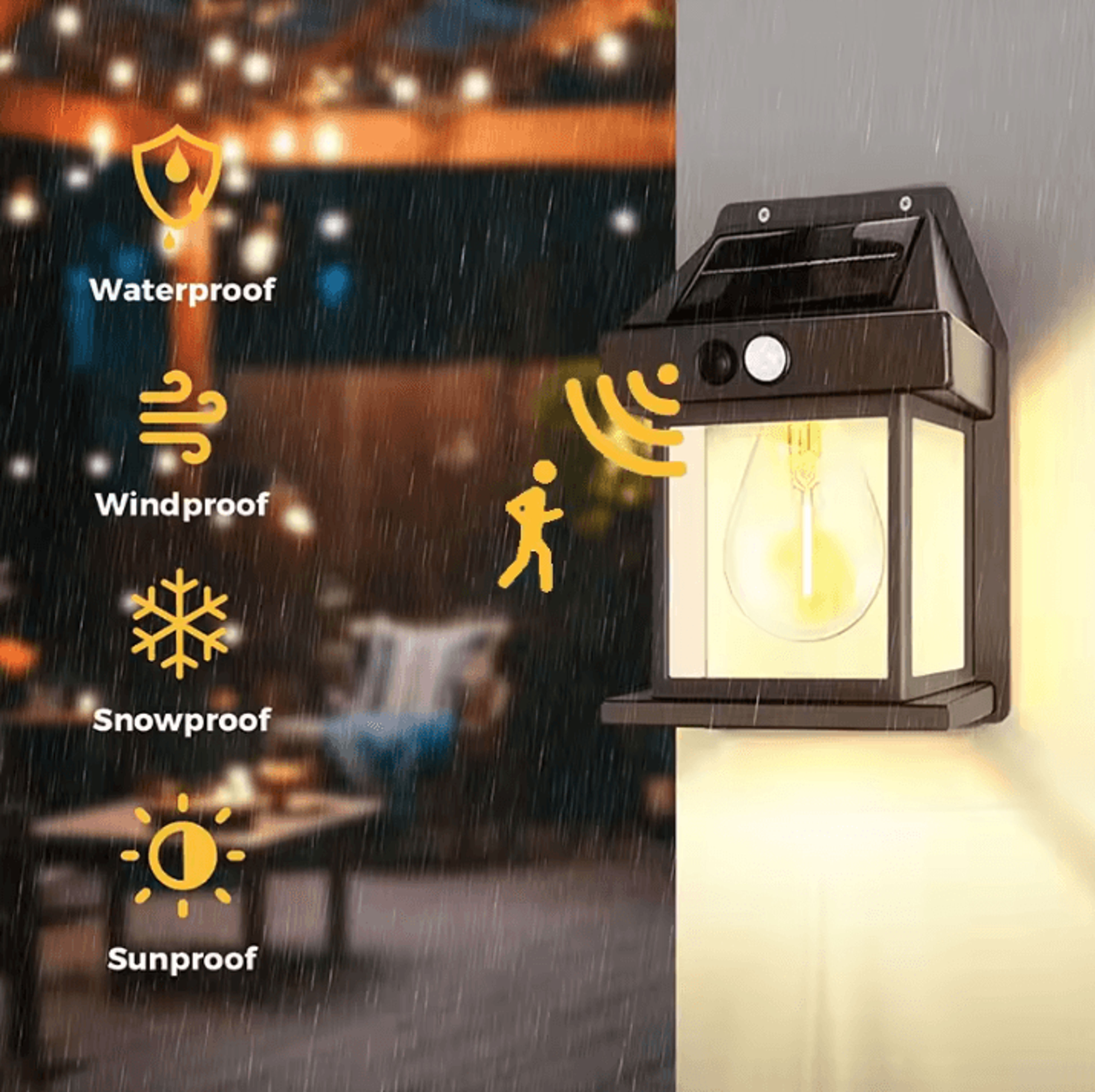 solar motion sensor wall light – ip65 waterproof solar security light with led tungsten glow for patio, porch & garage
