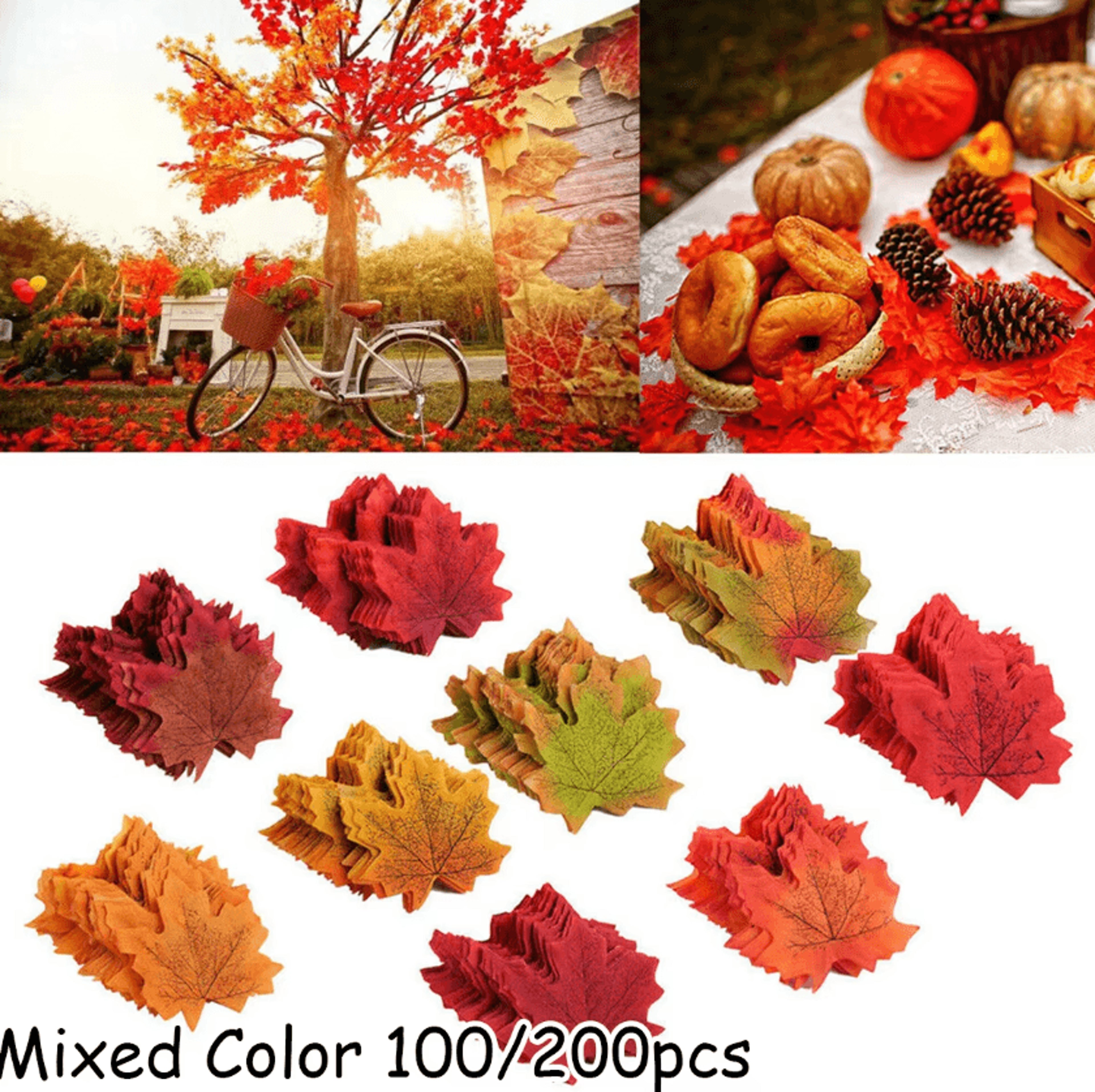 100/200pcs artificial silk maple leaves – artificial maple leaves for fall decor, thanksgiving, halloween & diy crafts