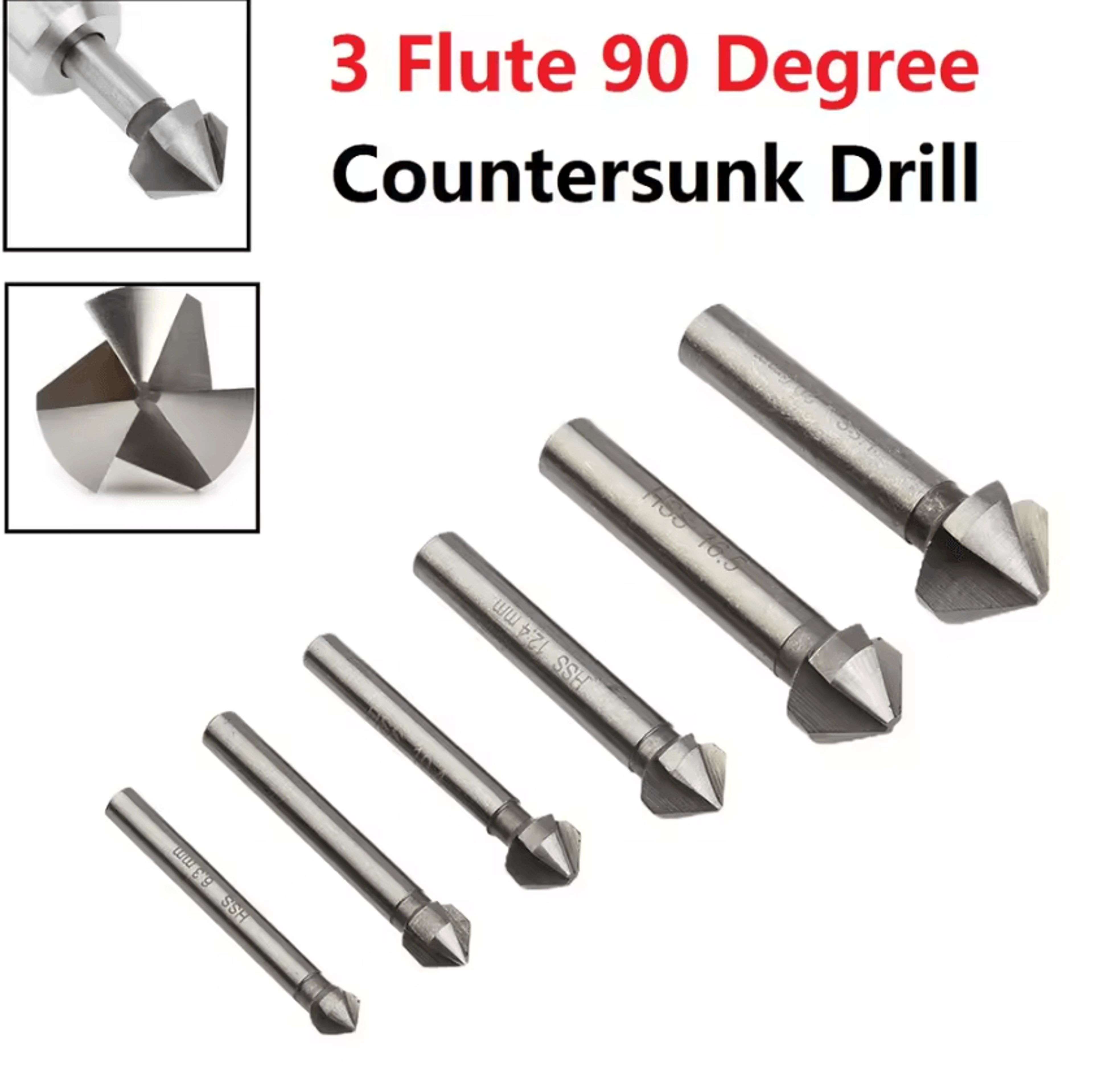 3-flute countersink drill bit 90° chamfer cutter for metal, wood & plastic (6.3-20.5mm)