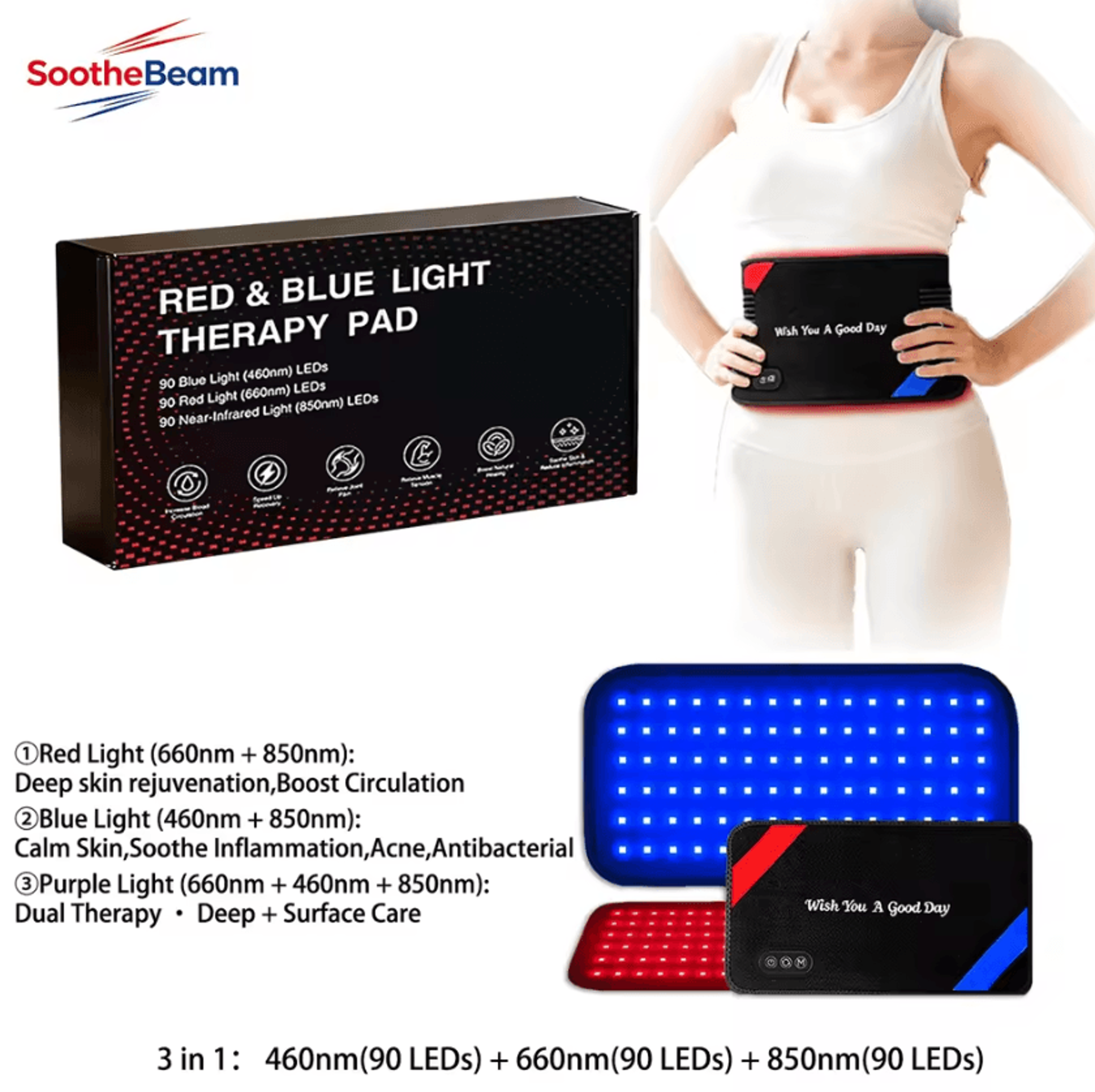 90 led red blue and near infrared light therapy belt for home wellness
