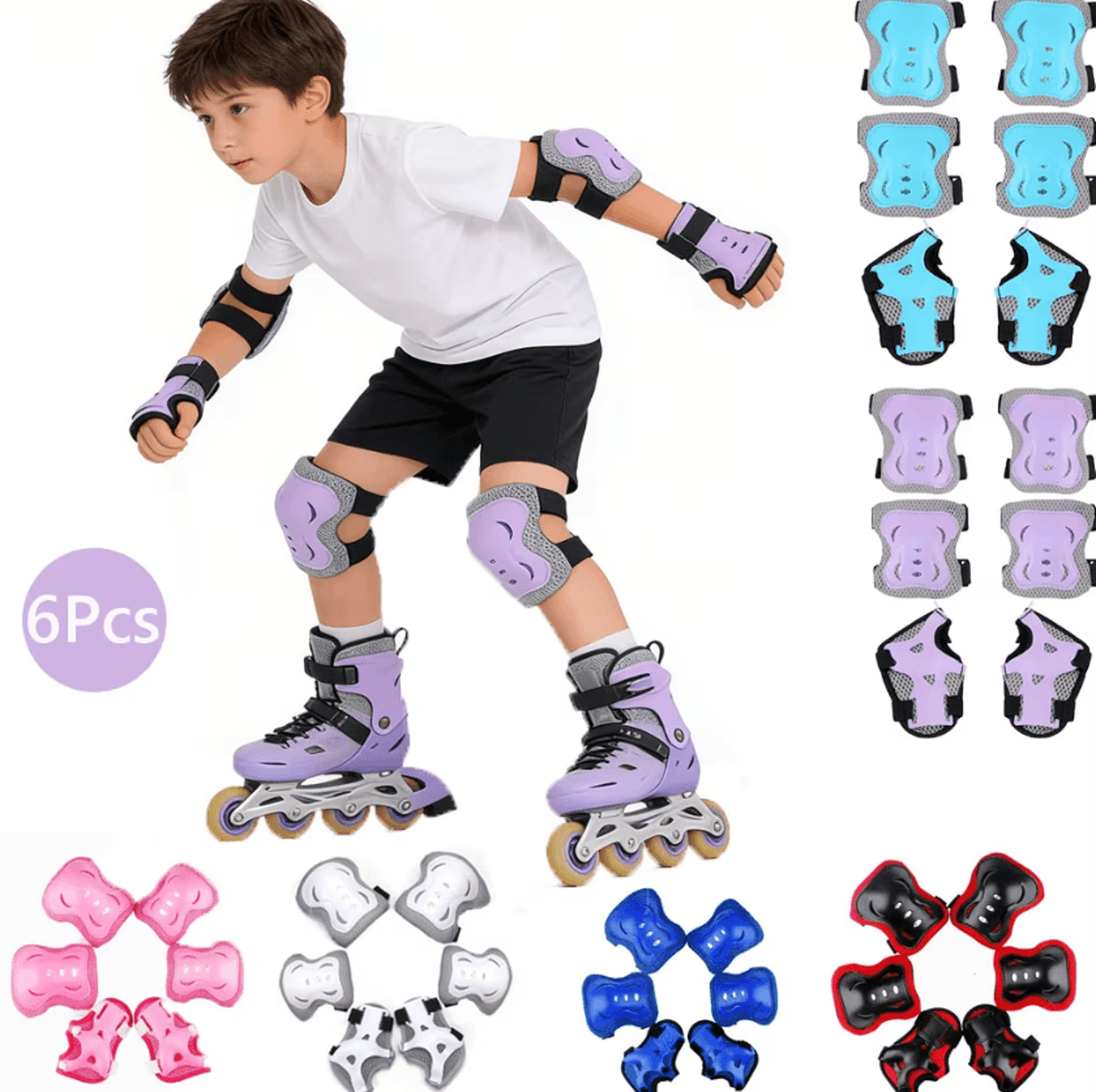 adjustable kids protective gear set 6-in-1 with knee pads, elbow pads and wrist guards
