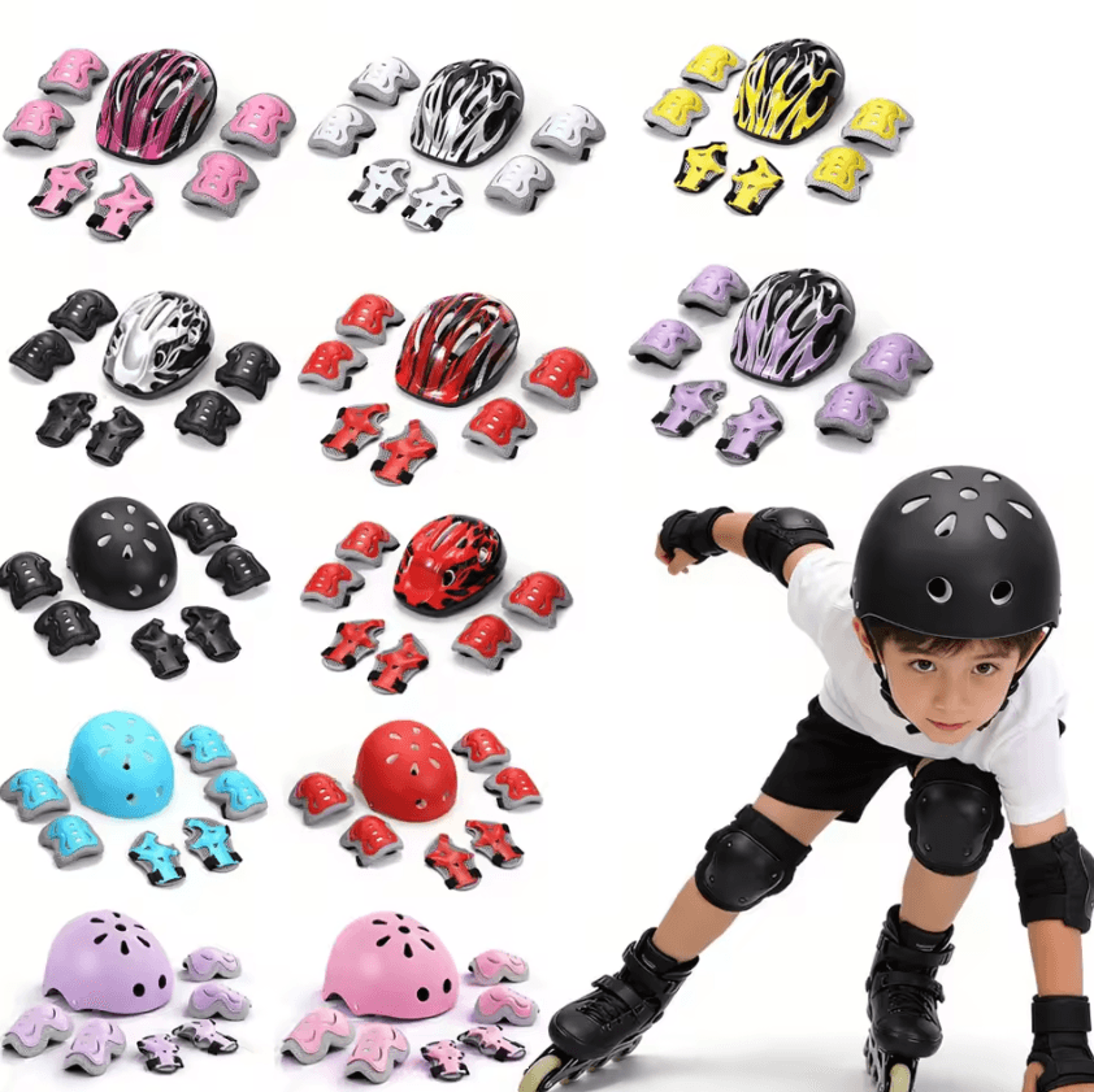 kids skating protective gear set with adjustable helmet, kids knee and elbow pads, and wrist guards