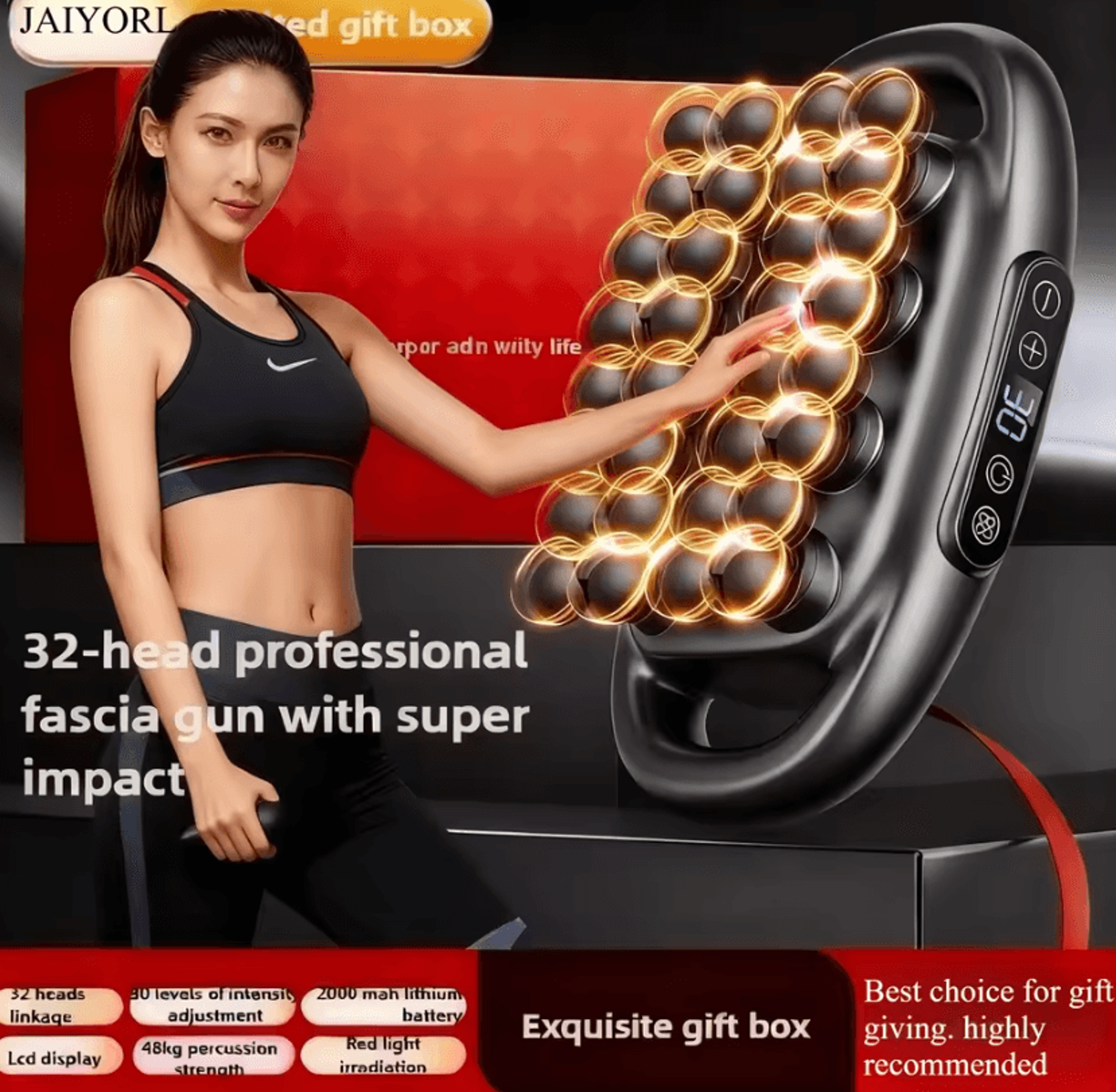 32 head deep tissue massage gun with red light therapy – wireless percussion massage gun for full body muscle recovery