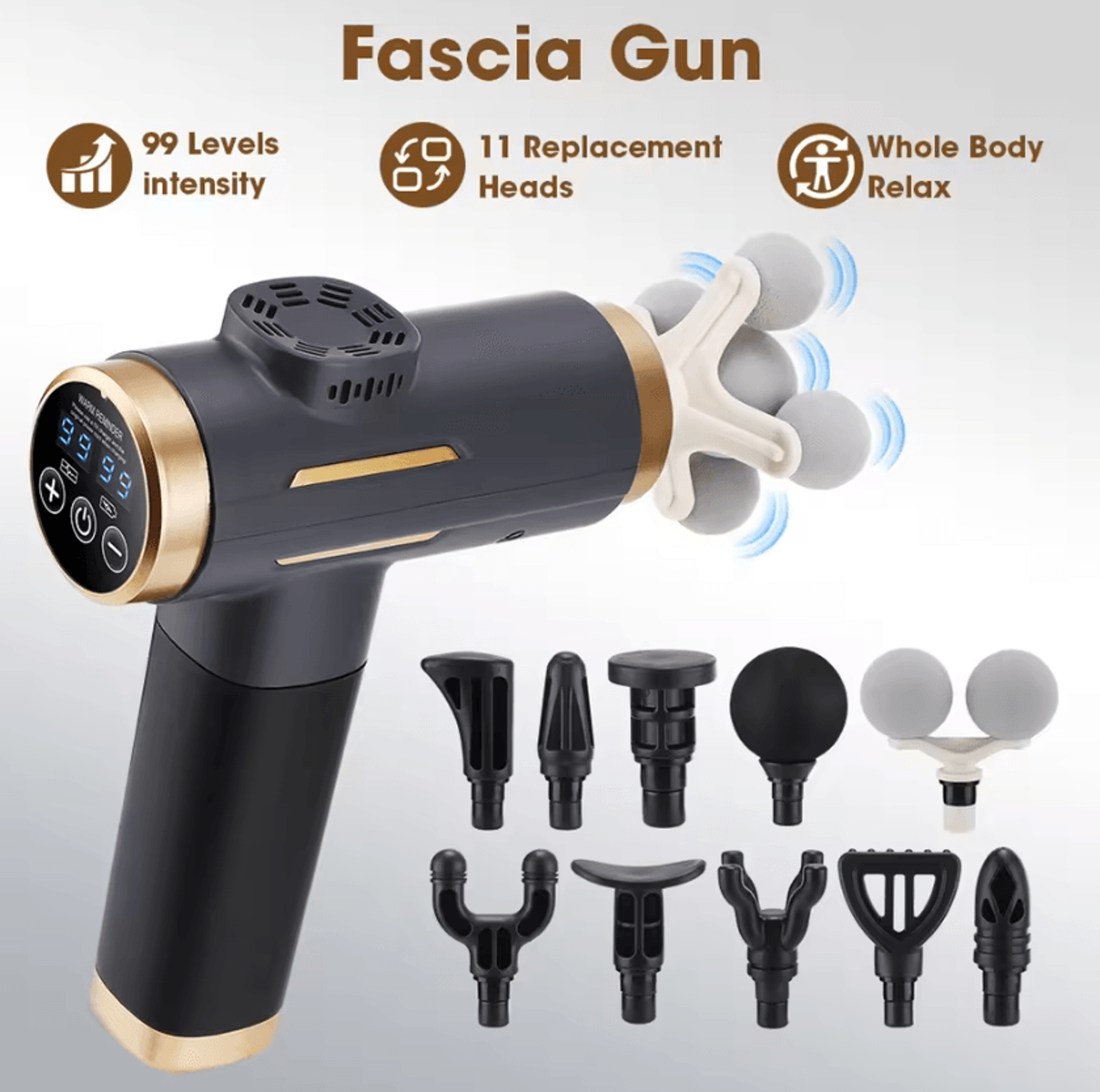99-level deep tissue massage gun with lcd display – cordless percussion massage gun with 11 massage heads