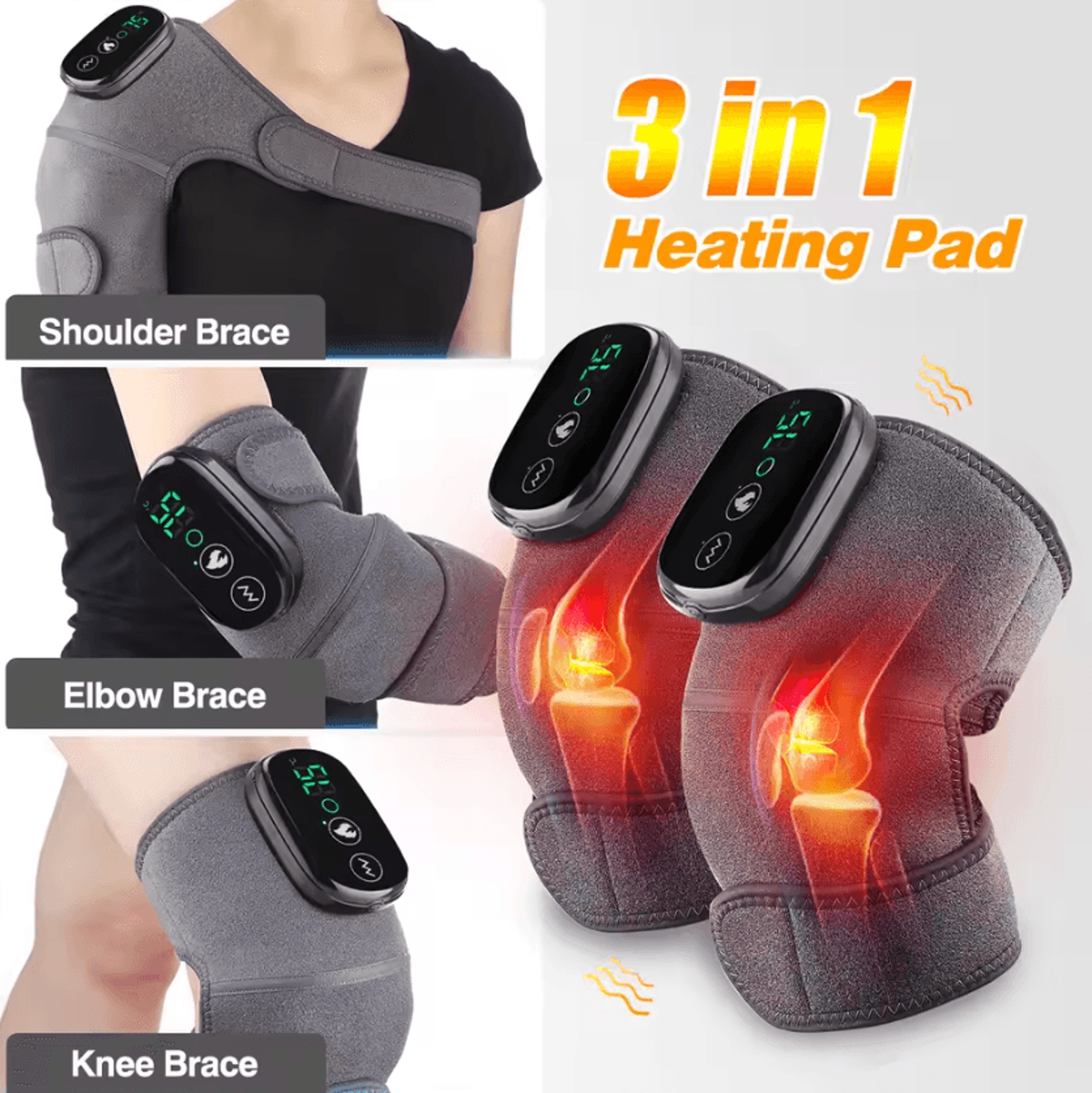 3-in-1 heating knee massager – rechargeable vibration massage wrap for knees, shoulders & elbows