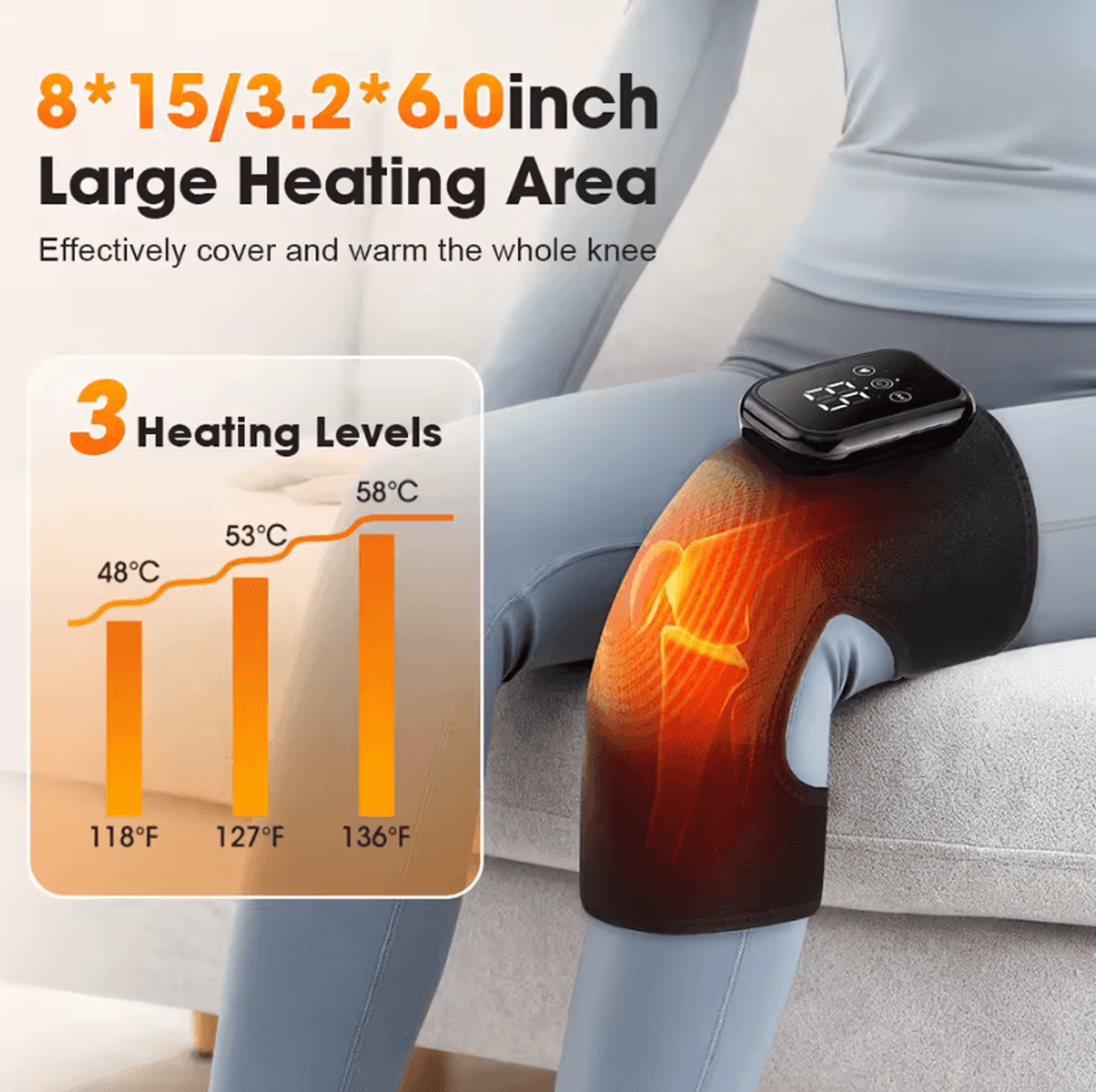 cordless heated knee massager – rechargeable knee support wrap with 3 heat & vibration levels