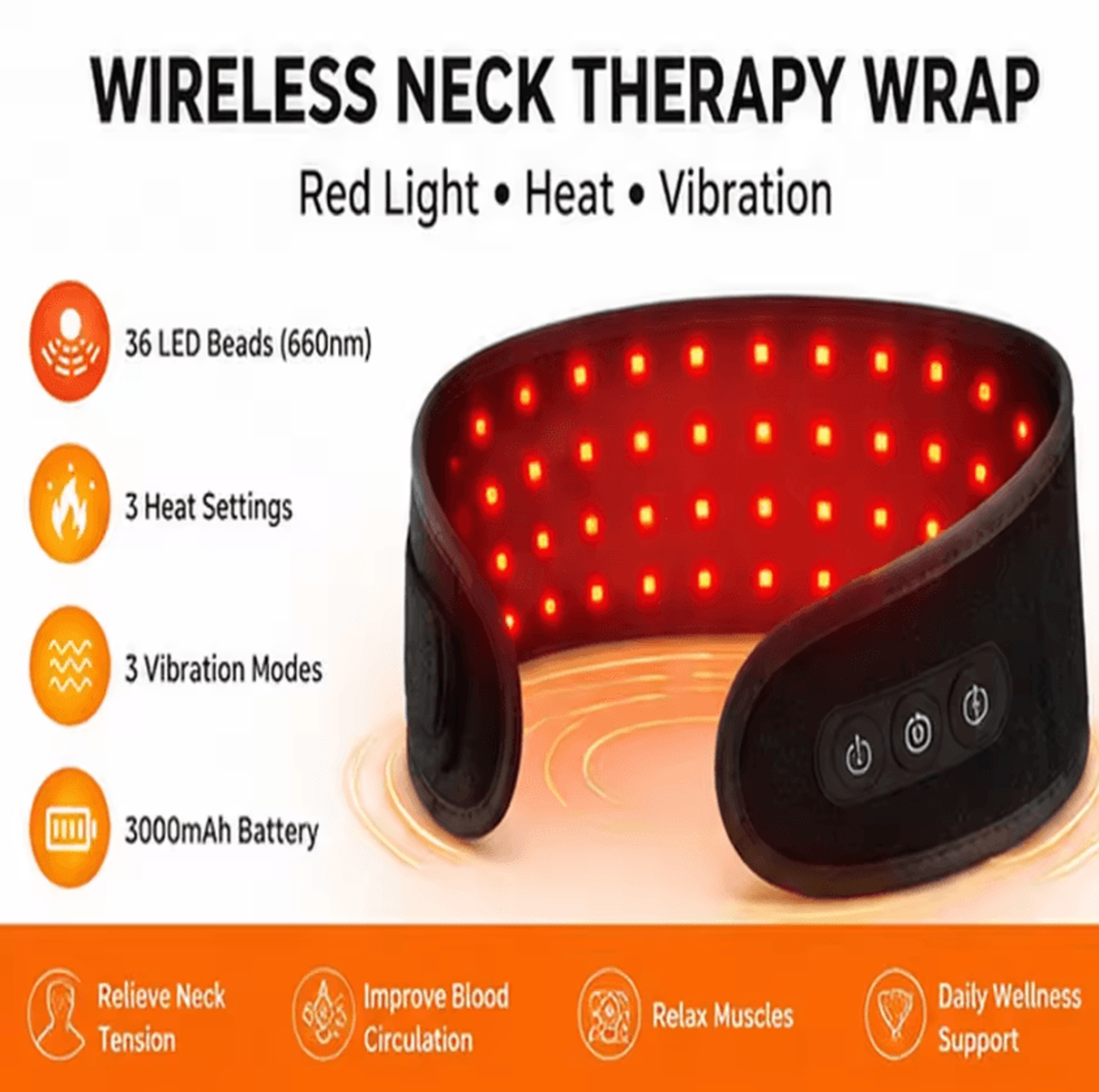 cordless red light therapy neck belt – rechargeable heating wrap with 660nm & 850nm light, vibration & adjustable fit
