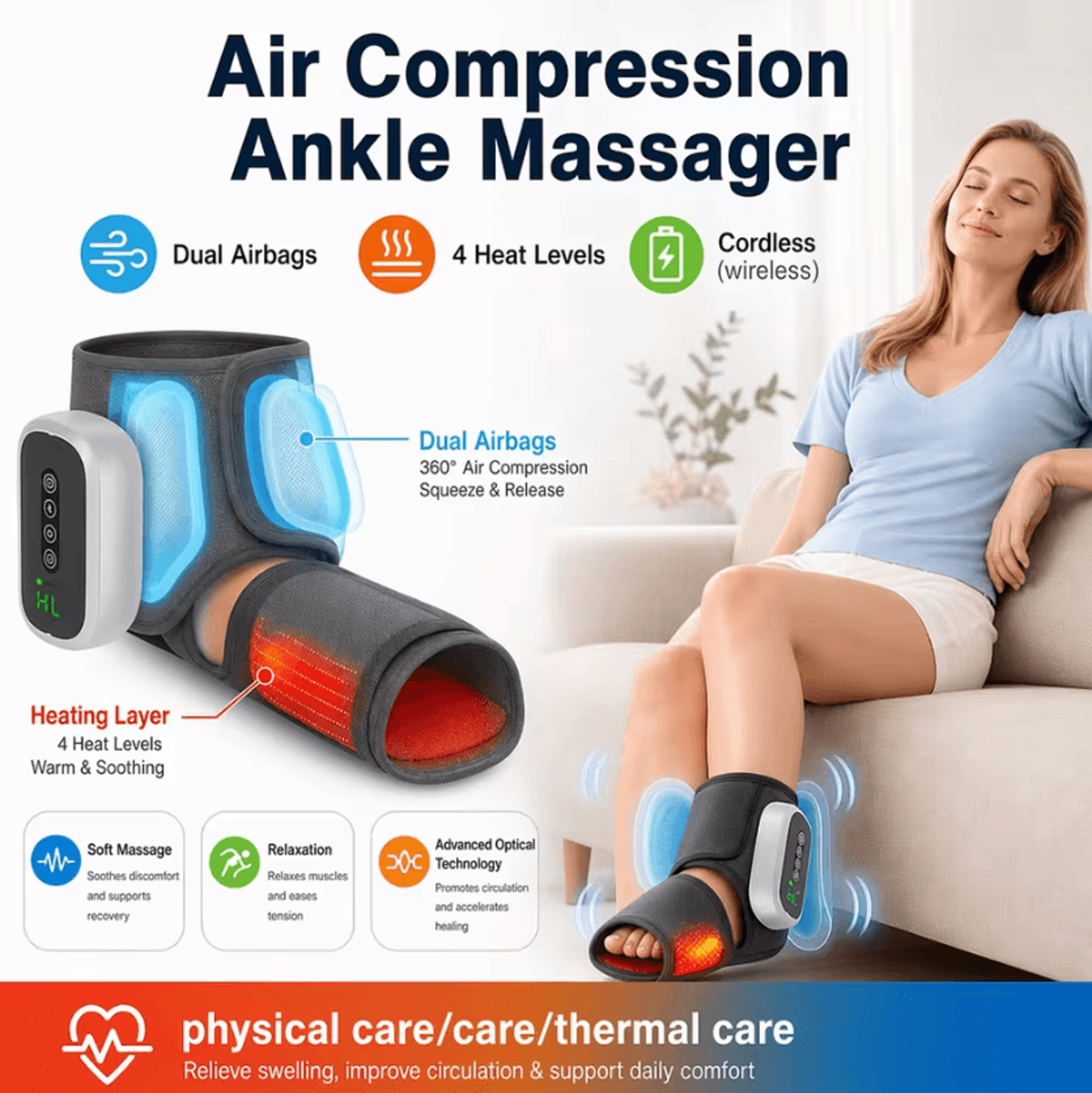 cordless heated ankle air compression massager – rechargeable ankle compression wrap with 3 massage modes & 4 heat level
