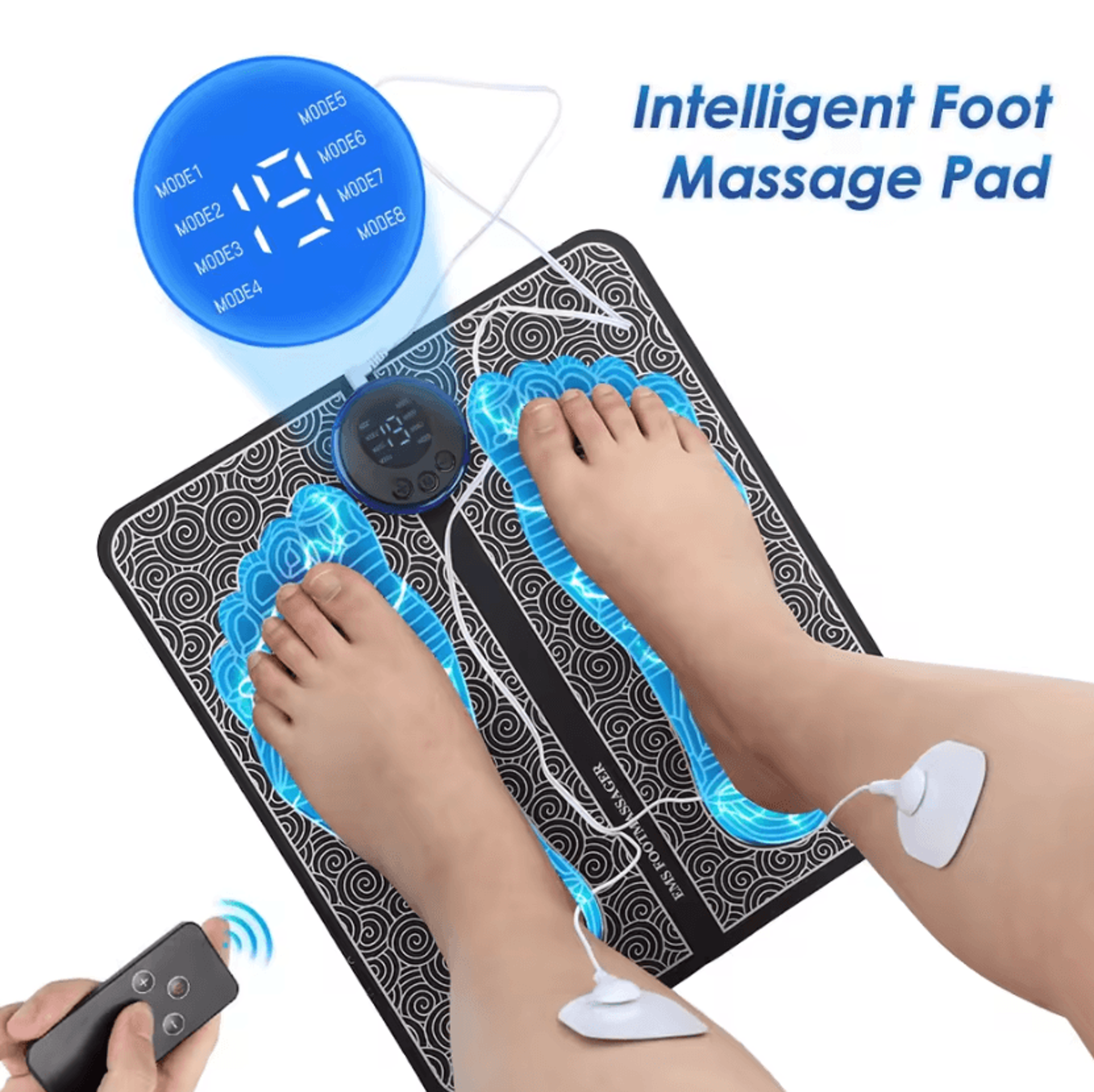electric tens foot massager – foot massage pad with remote control, 8 modes, 19 intensity levels & electrode pads