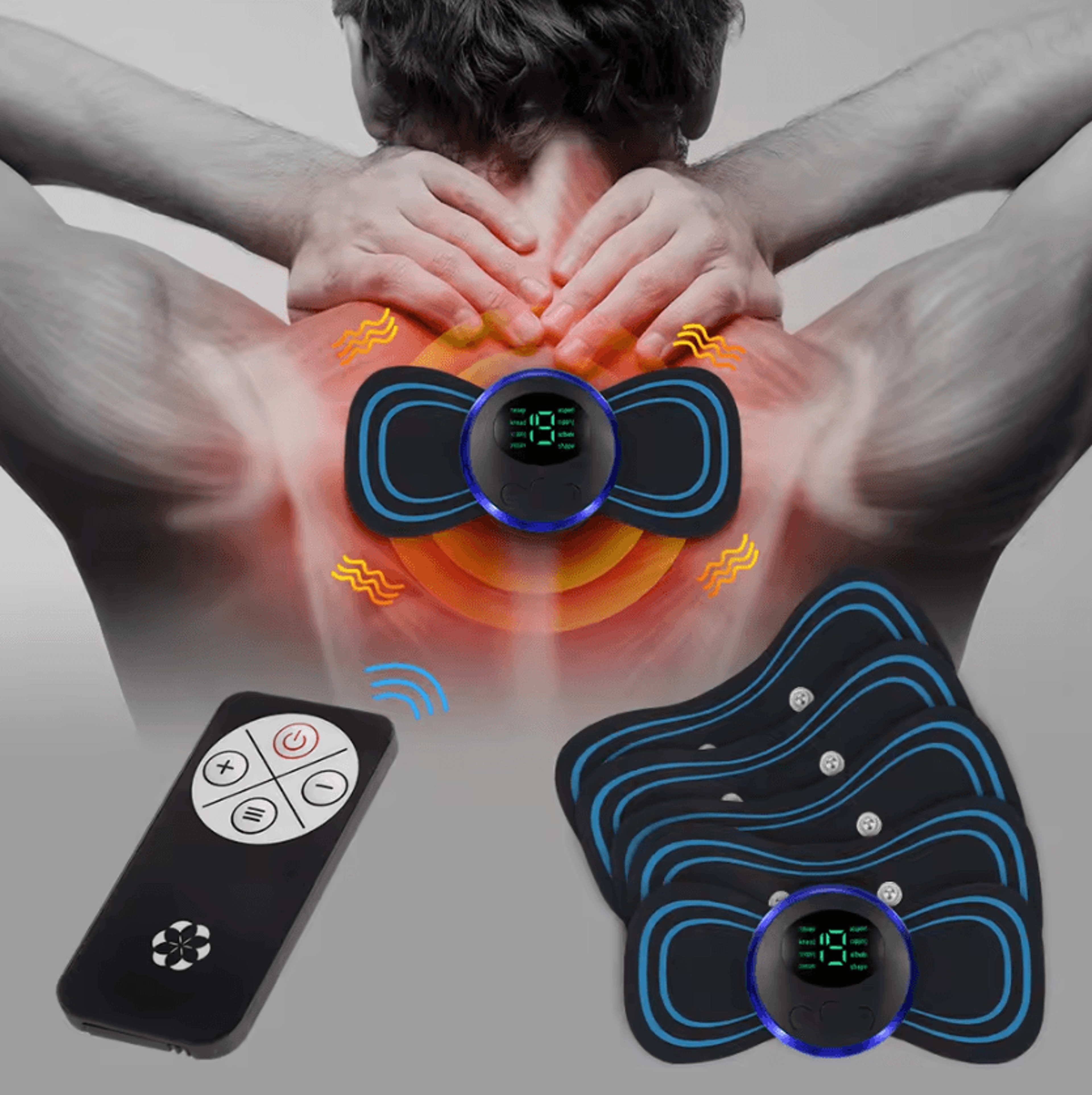 intelligent ems neck massage pad – mini microcurrent neck massager with 8 modes, 19 intensity levels & 5 electrode patch