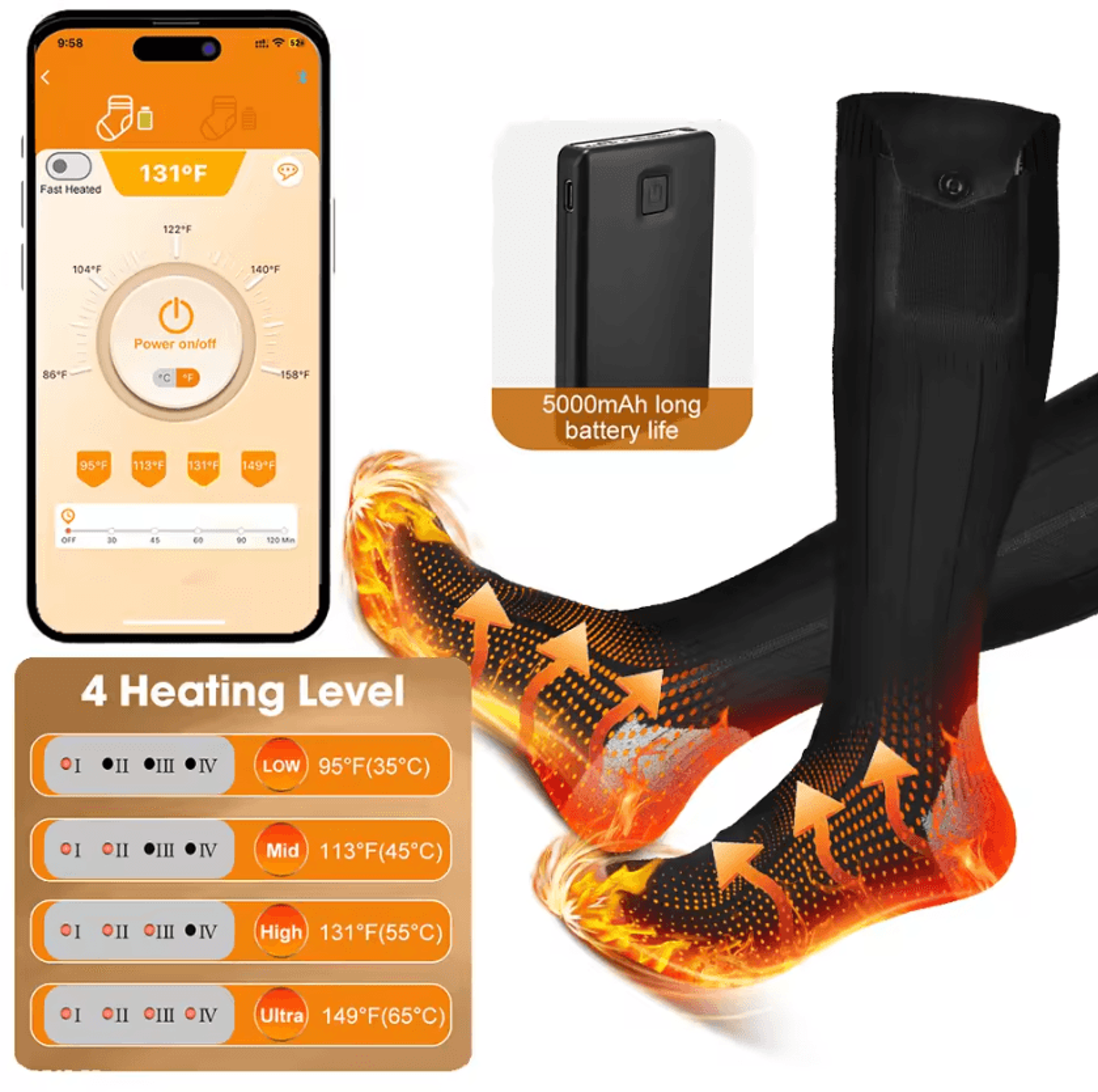 5000mah heated socks with app control – rechargeable electric heated socks for winter sports & outdoor adventures