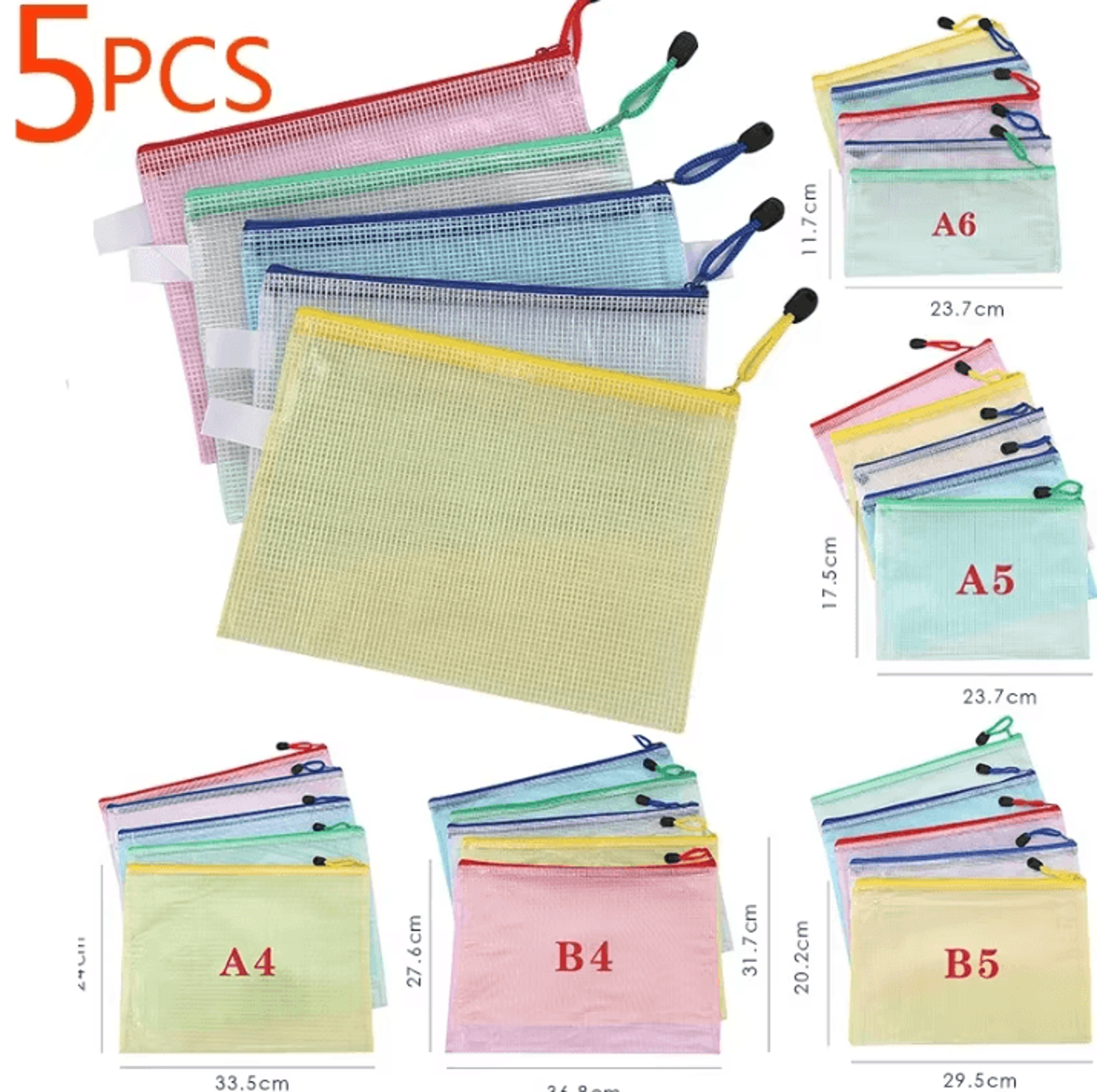 5-piece mesh zipper file folder set for a4, a5 & a6 documents