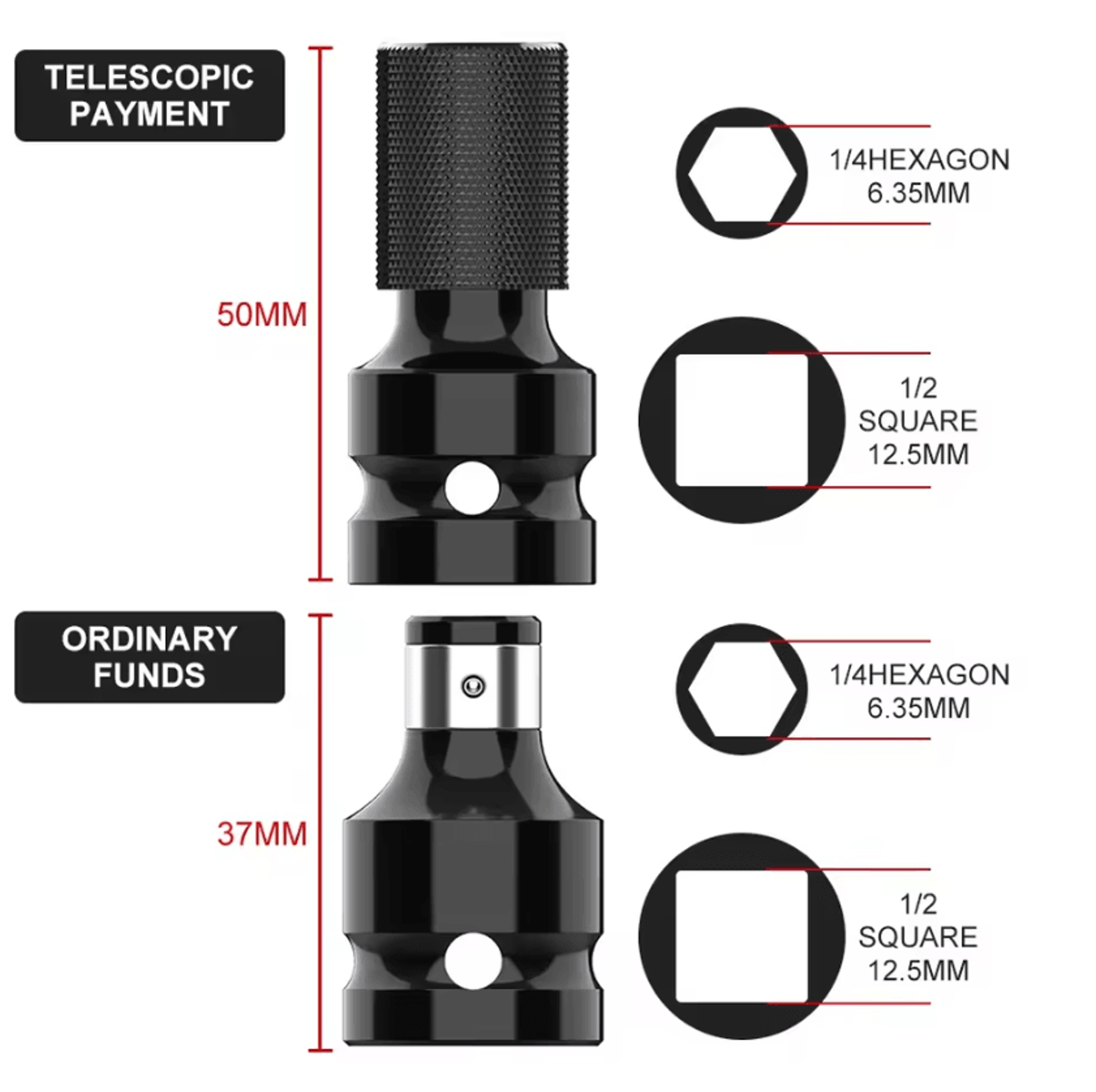 1/2" square to 1/4" hex socket adapter – universal ratchet & torque wrench converter