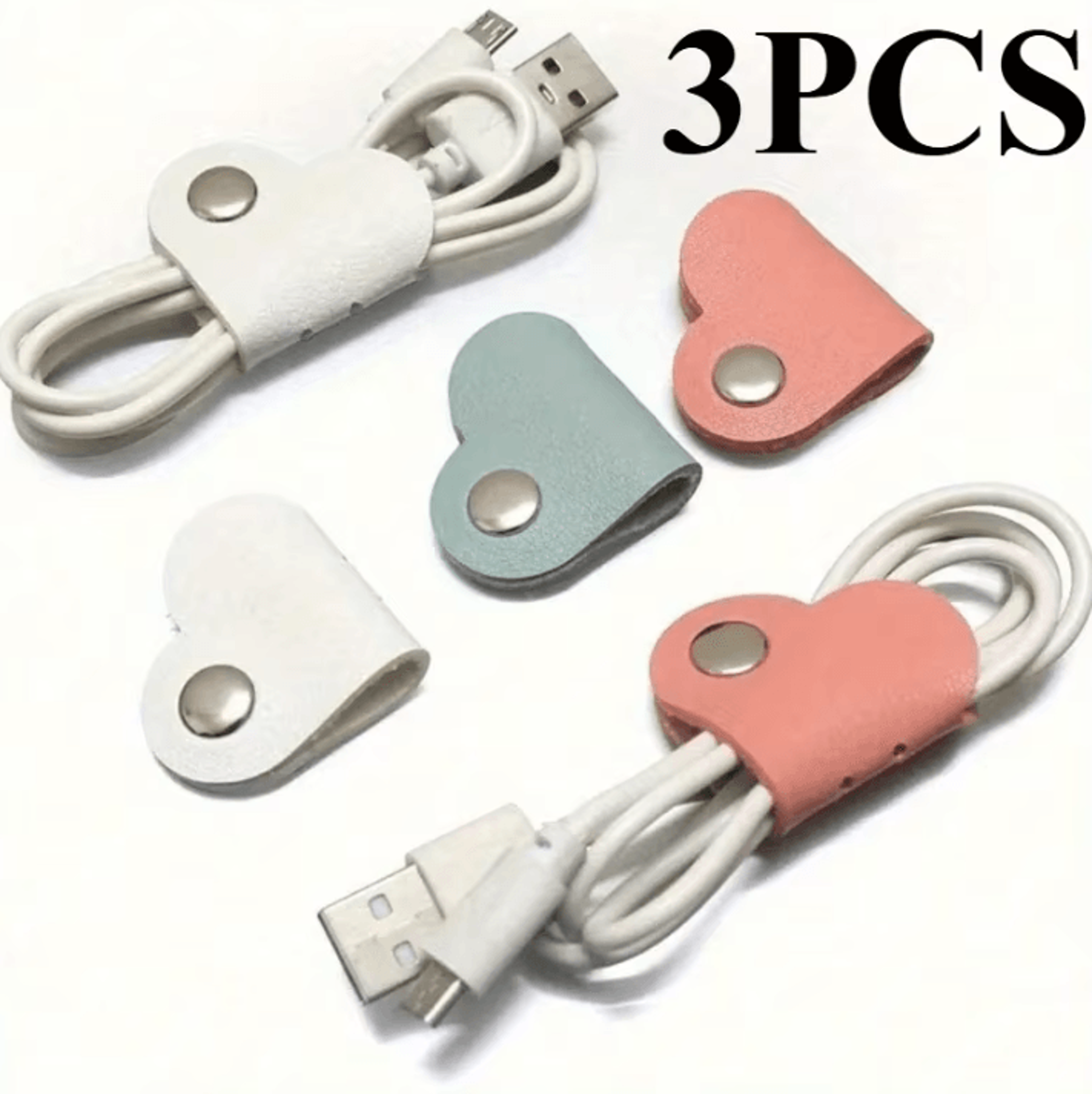 3-piece heart-shaped faux leather cable organizer for headphones & charging cords