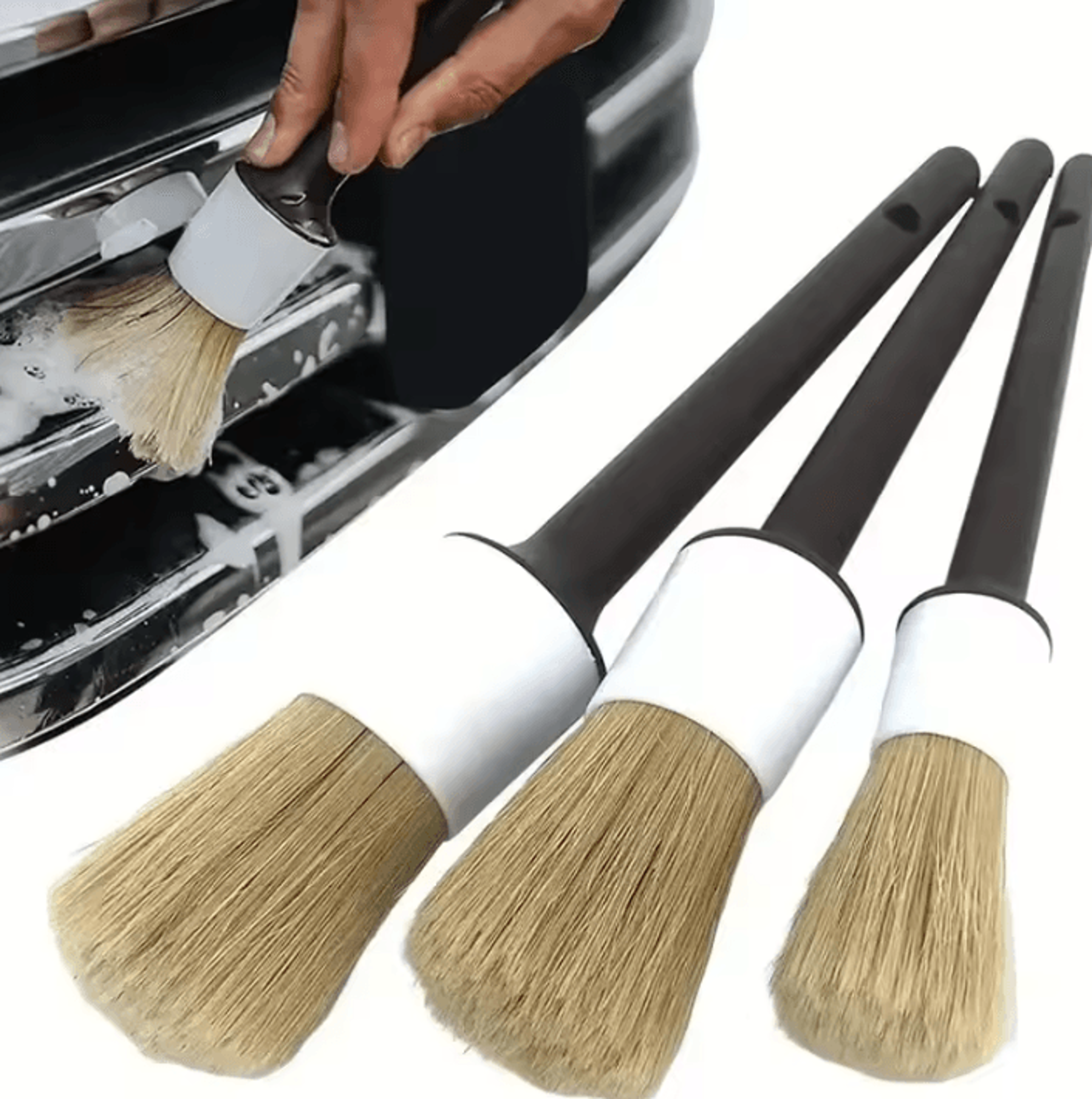 3-piece car detailing brush set for interior & exterior cleaning