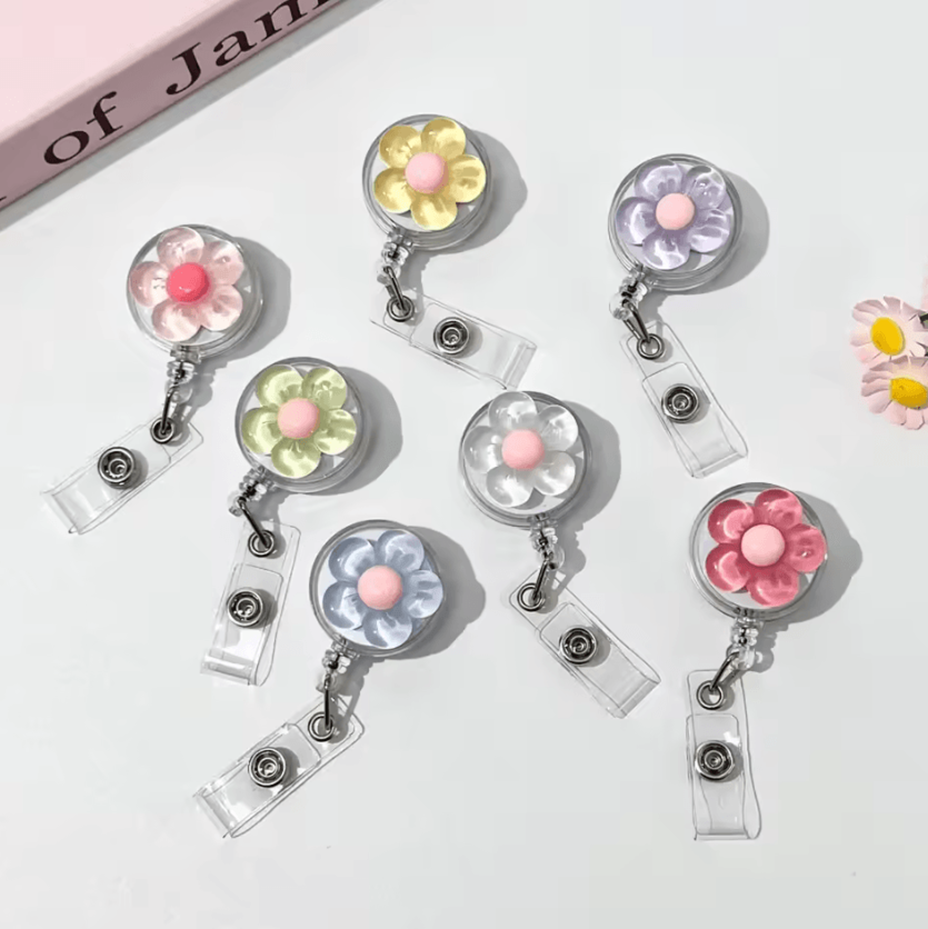telescopic flower name badge reel with automatic retractable clip
