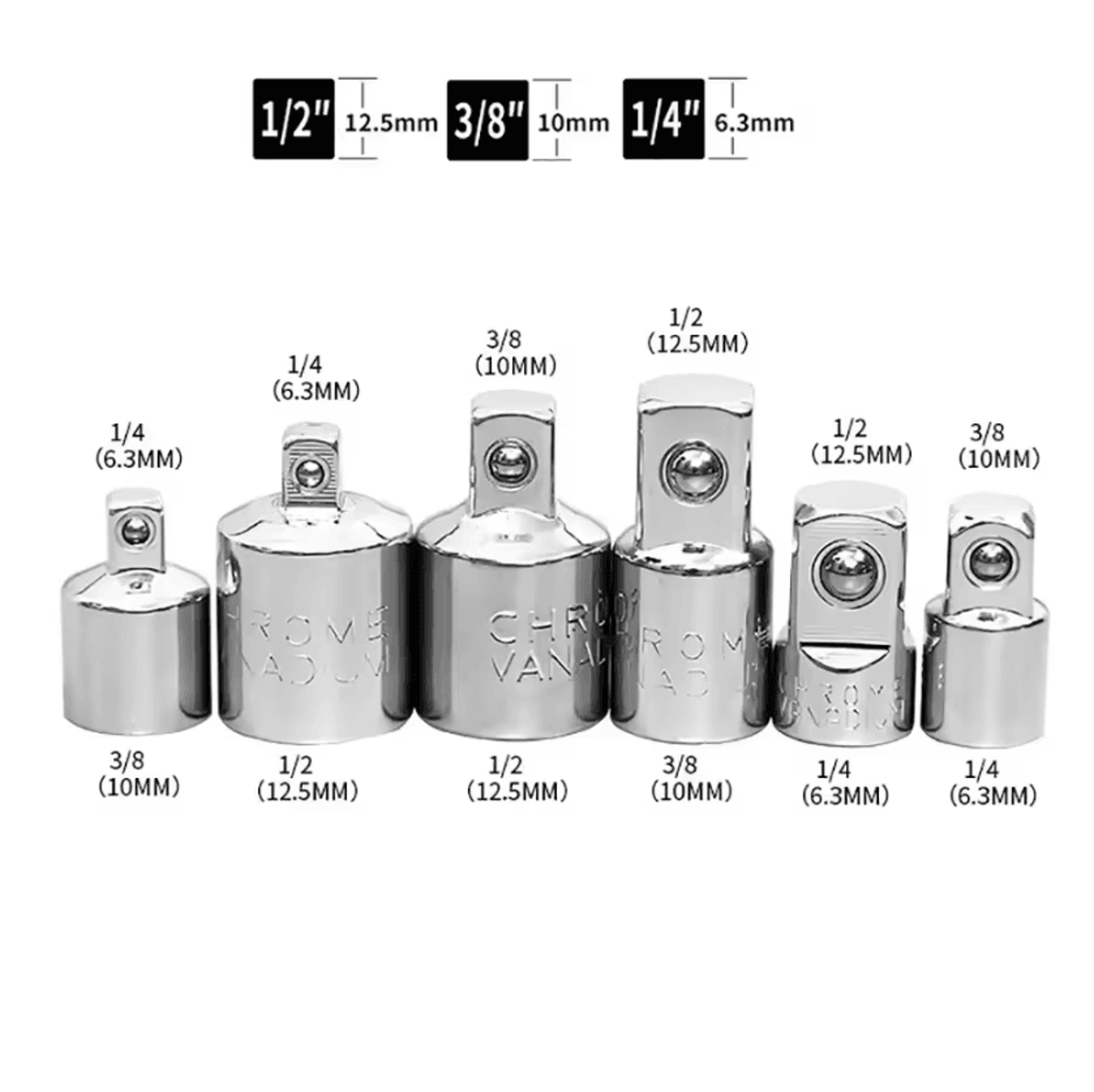 chrome vanadium ratchet wrench socket adapter set 1/4" 3/8" 1/2"
