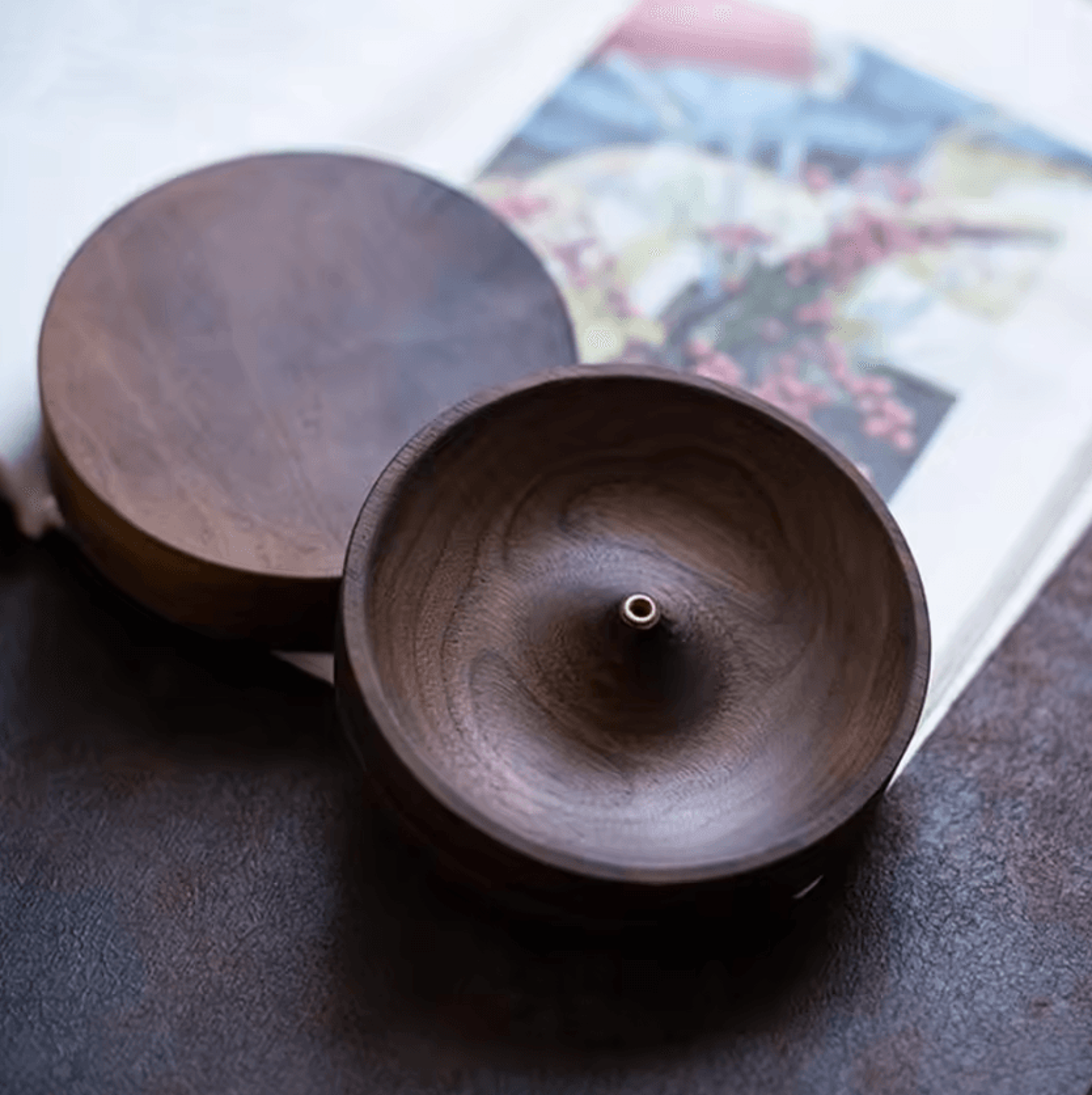 handmade black walnut wooden incense holder for tea ceremony & meditation