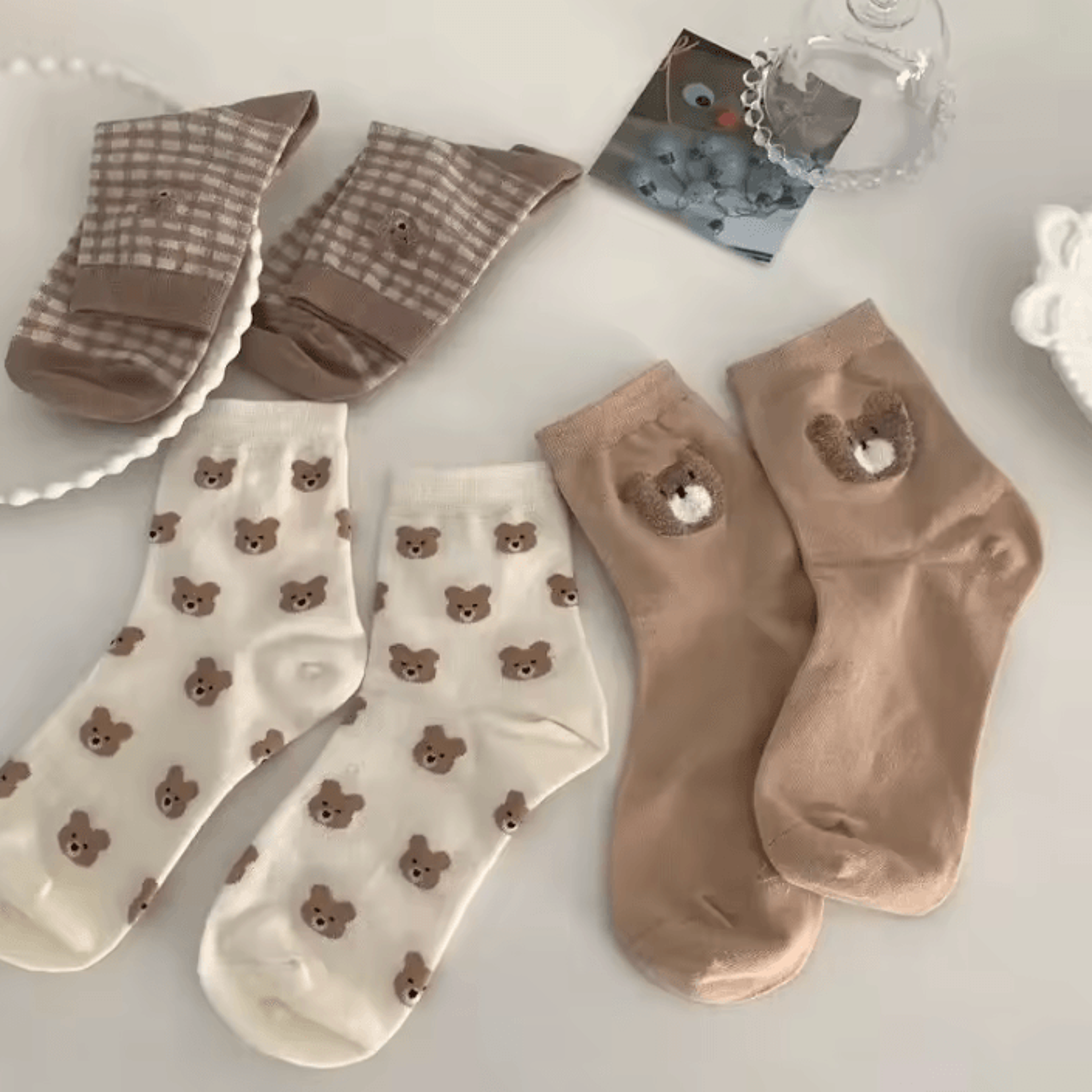 cute brown bear crew socks for women