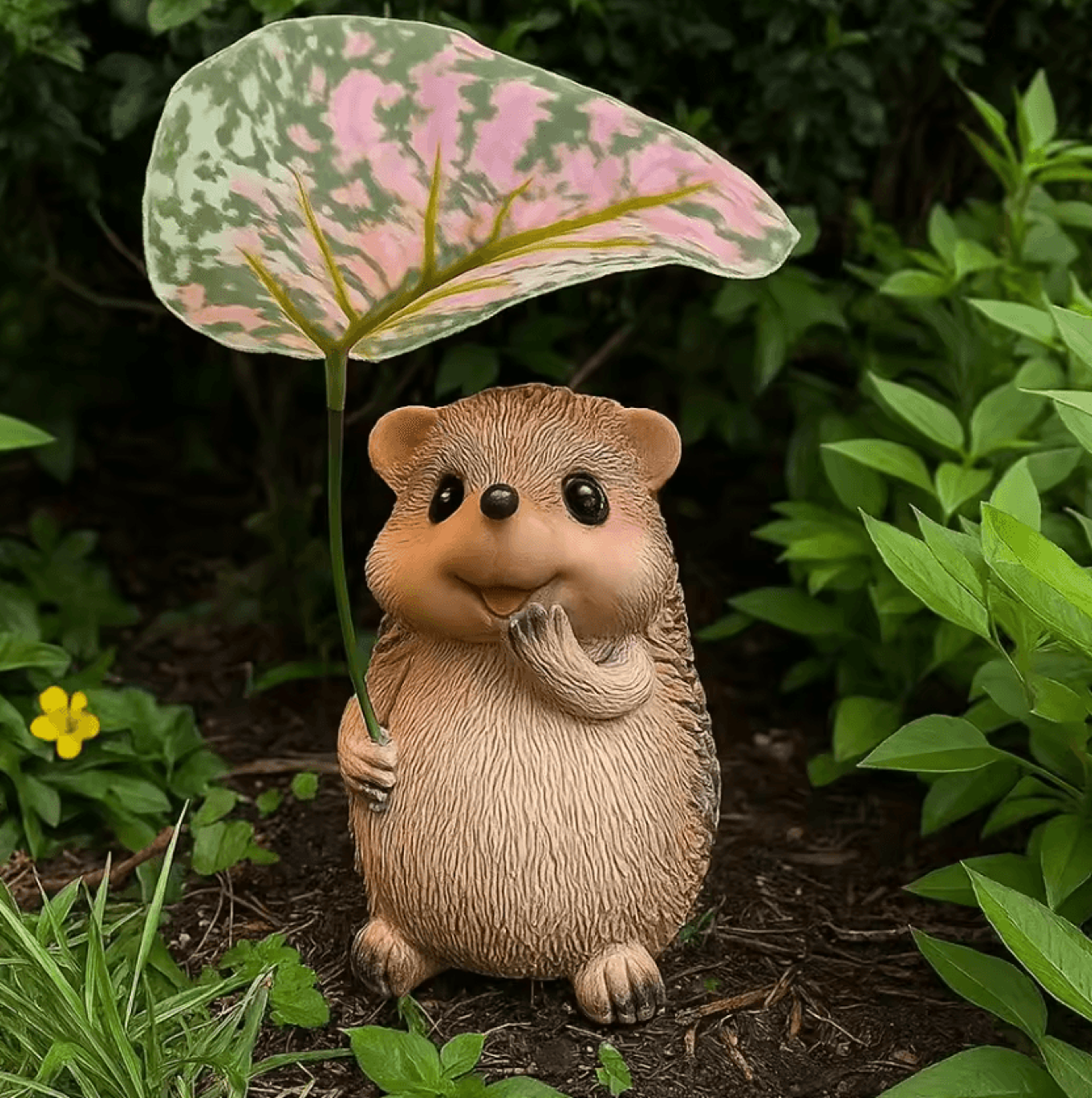 cute resin hedgehog garden statue with leaf umbrella outdoor ornament