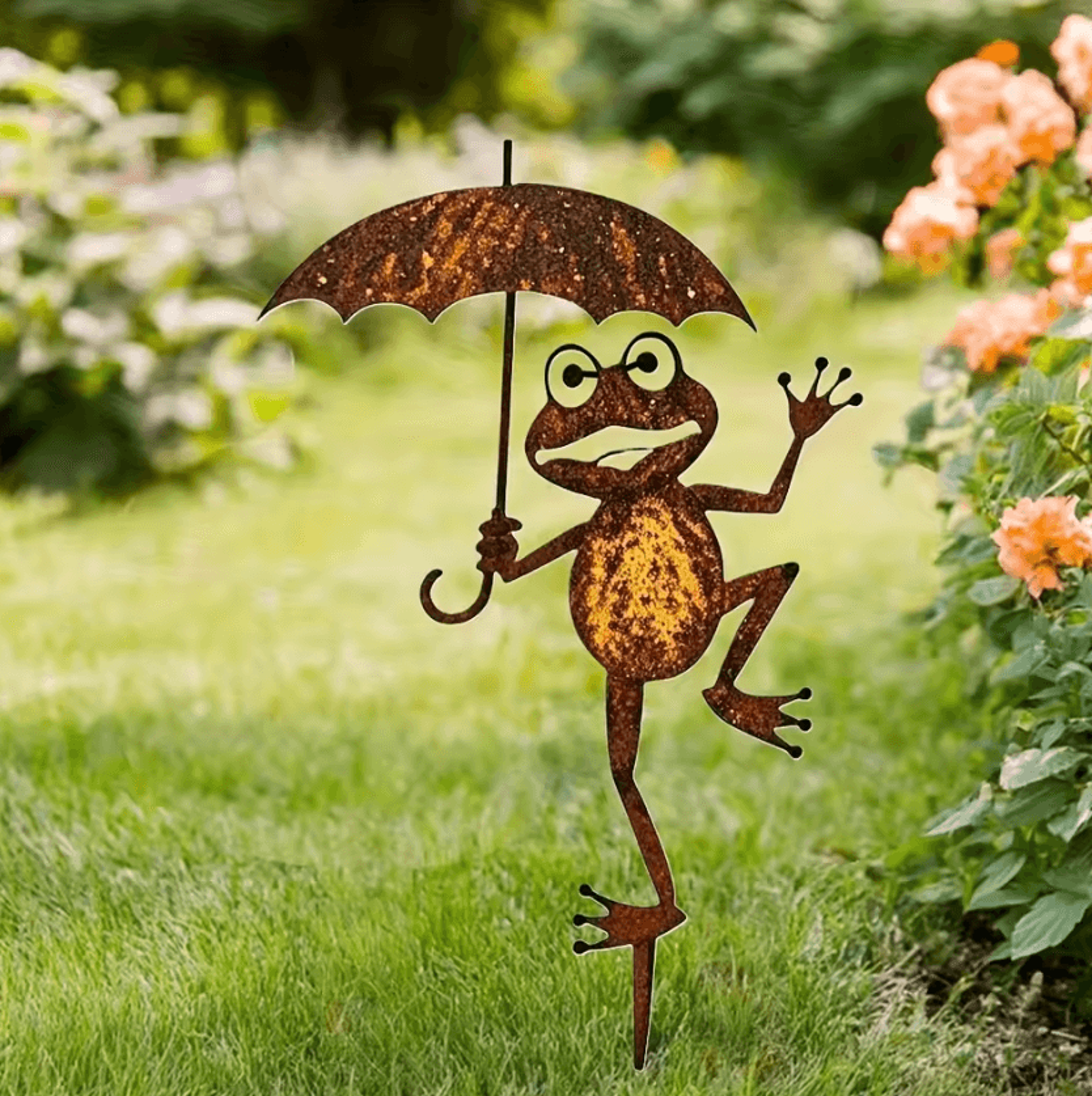 retro metal frog garden stake rustic iron yard art ornament