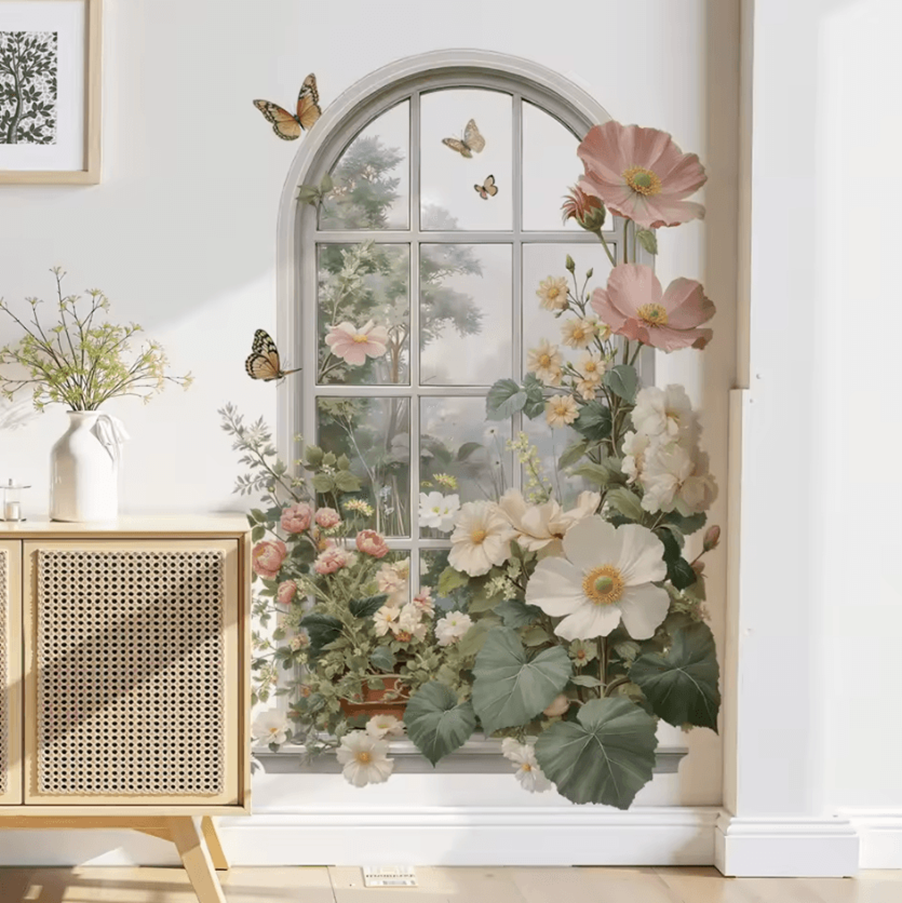 3d fake window flower wall sticker with butterfly removable wall decal