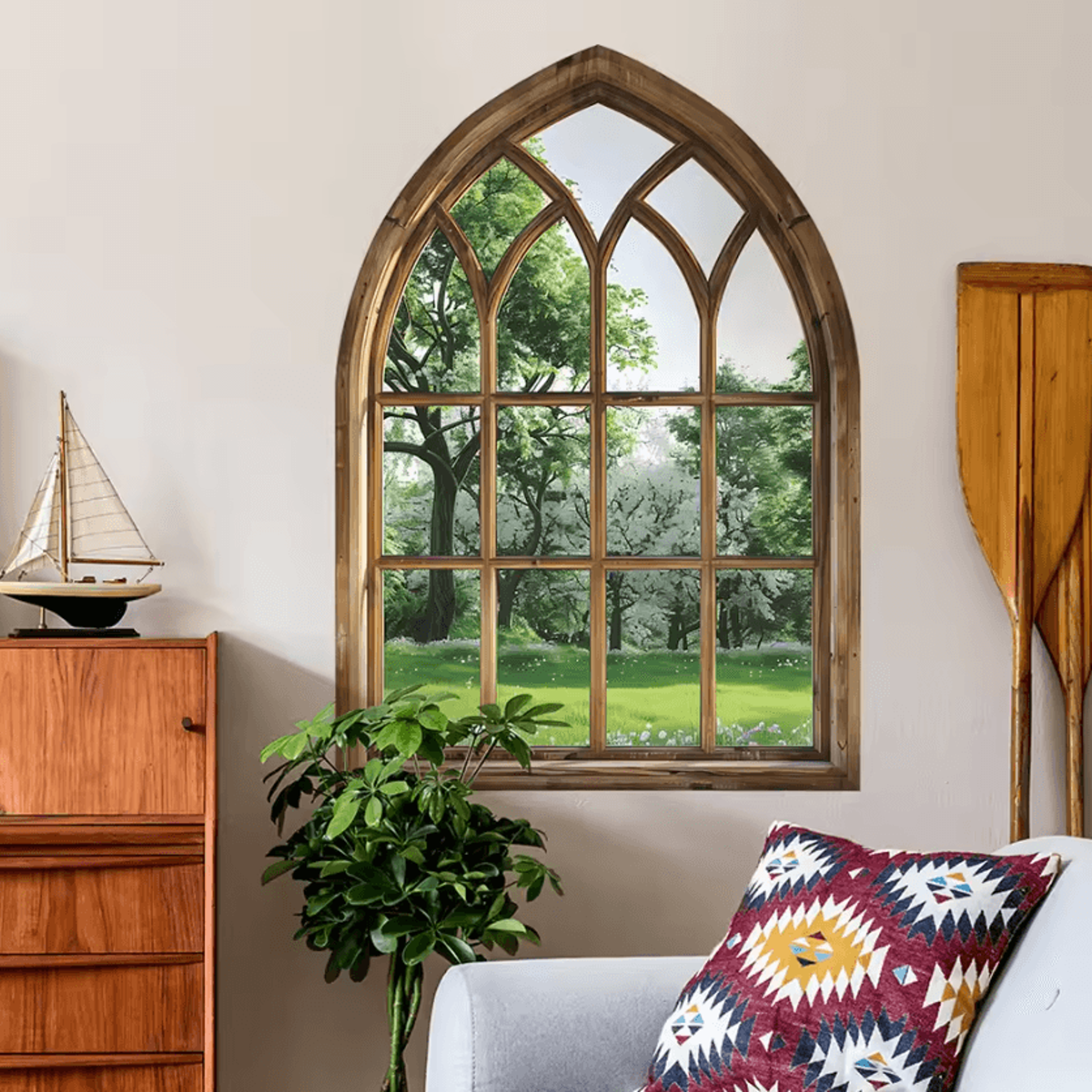 arch false window green plants wall sticker for home and office decor