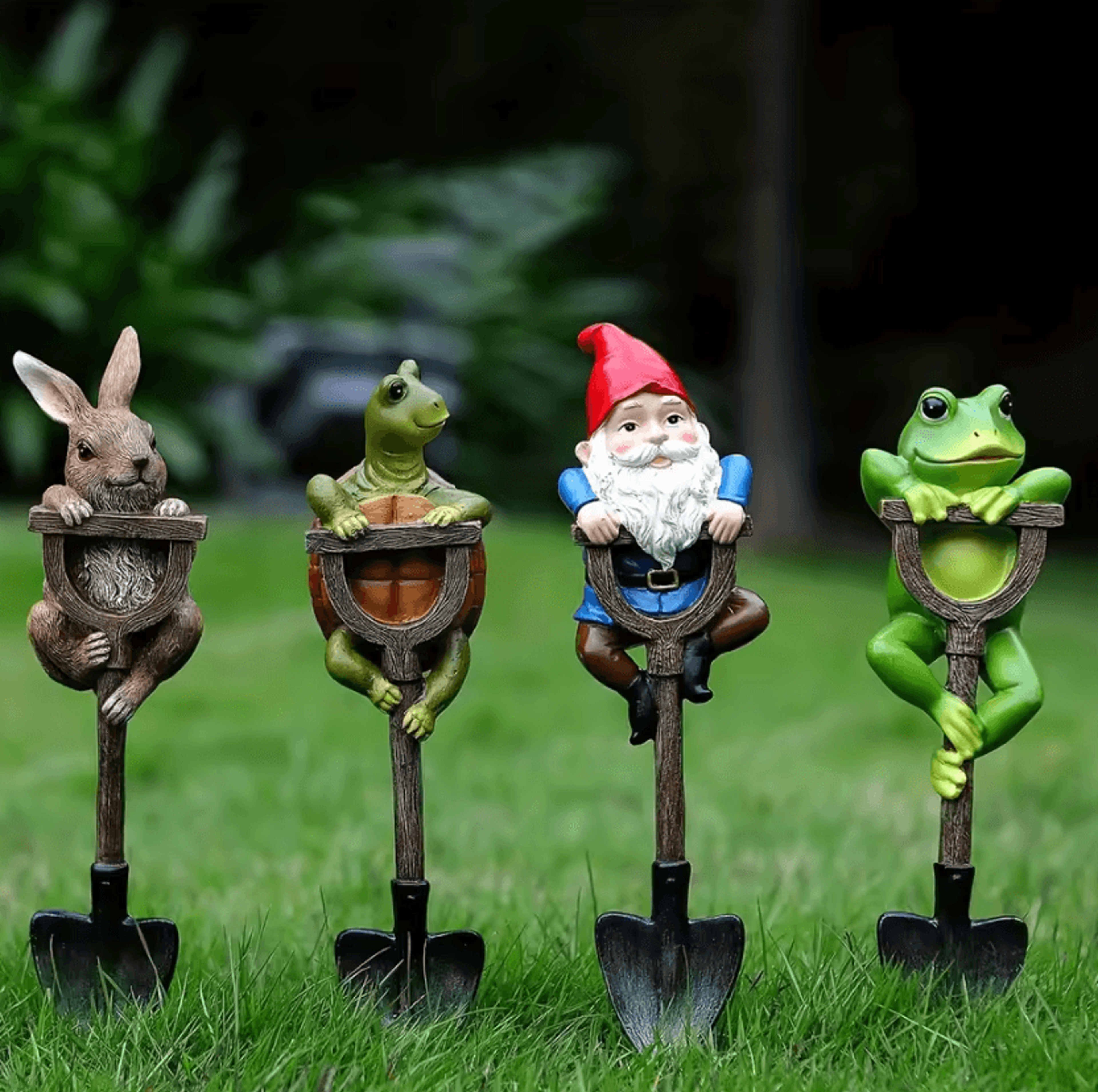 whimsical resin garden statue set with gnome, frog, rabbit & turtle