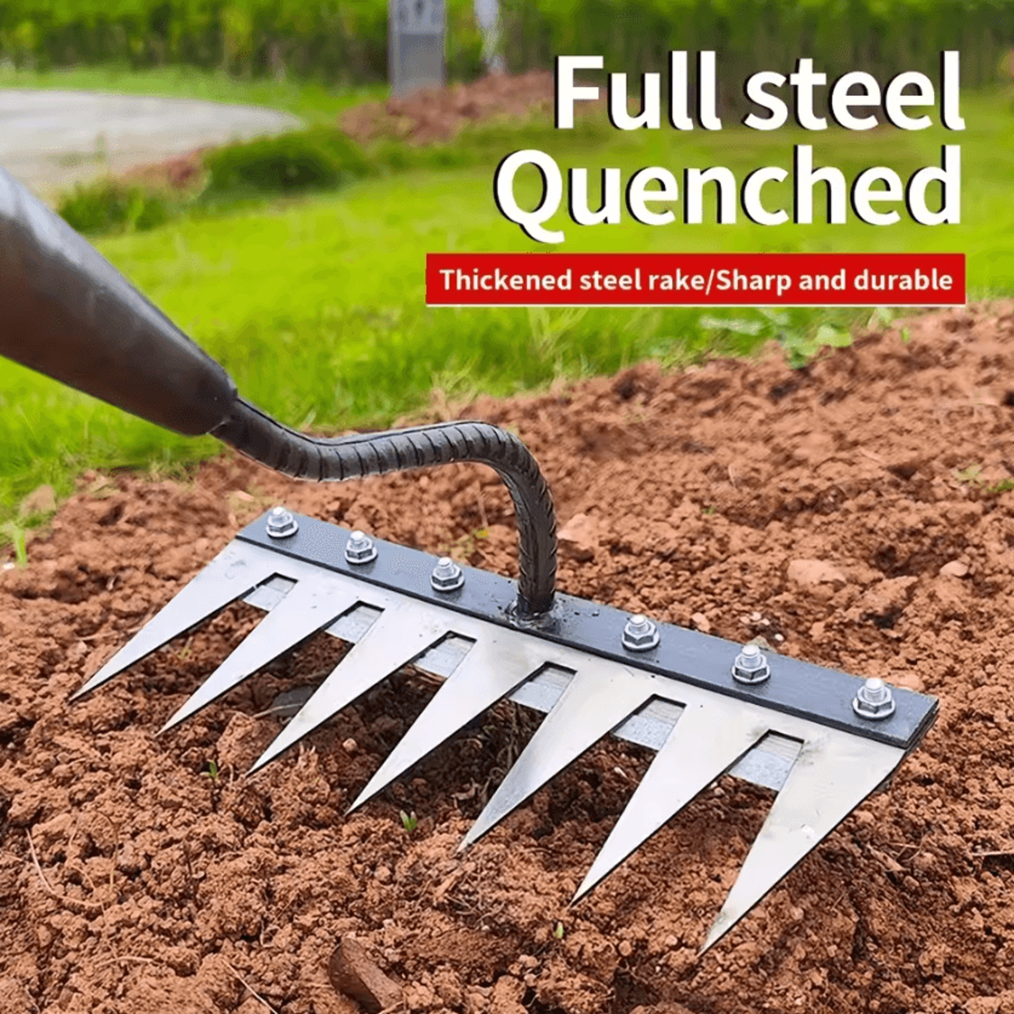 heavy duty 7-tooth steel weeding rake for soil loosening & garden cultivation
