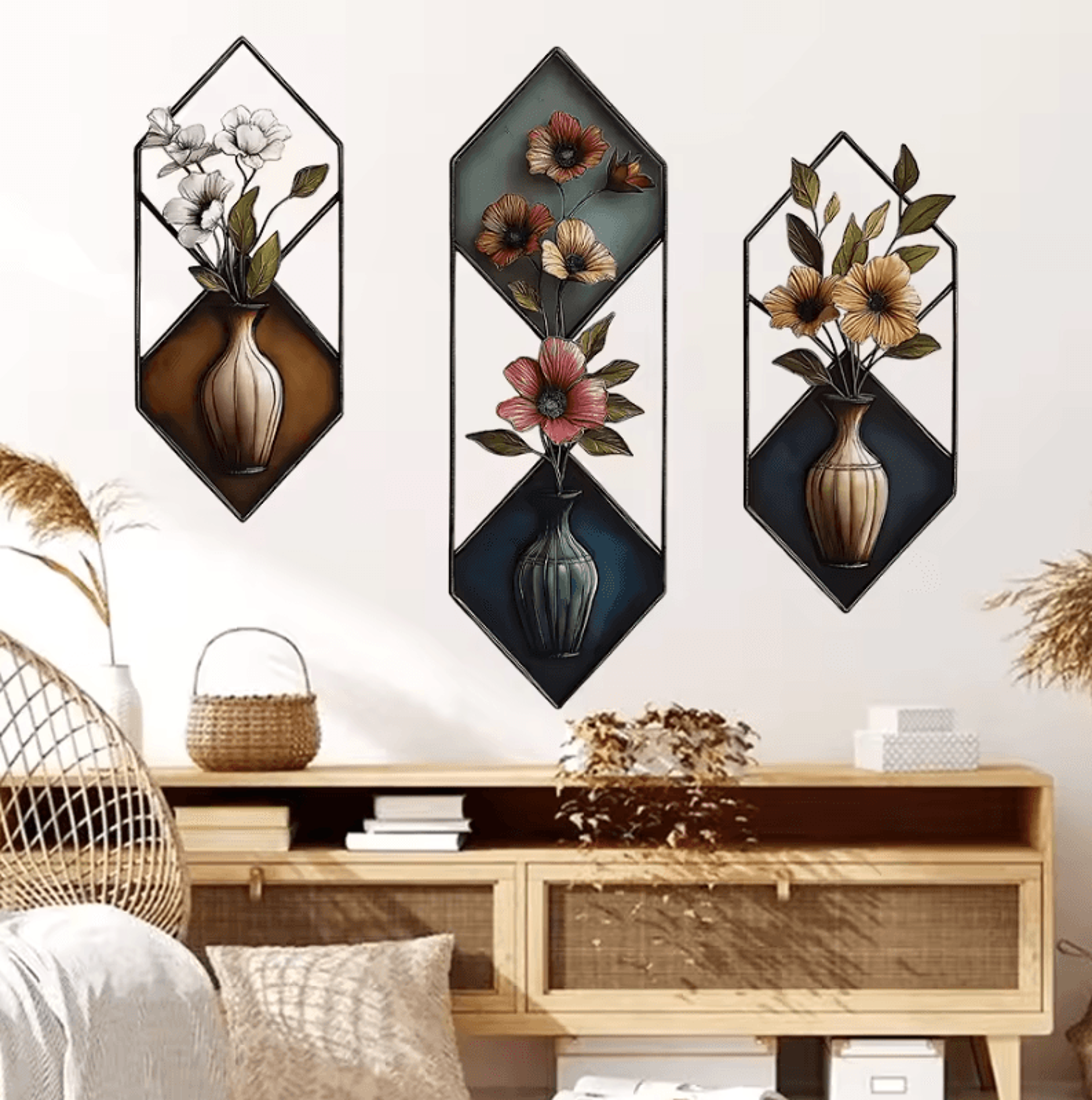 3pcs watercolor vase wall stickers – removable floral wall decals for living room, bedroom & home decor