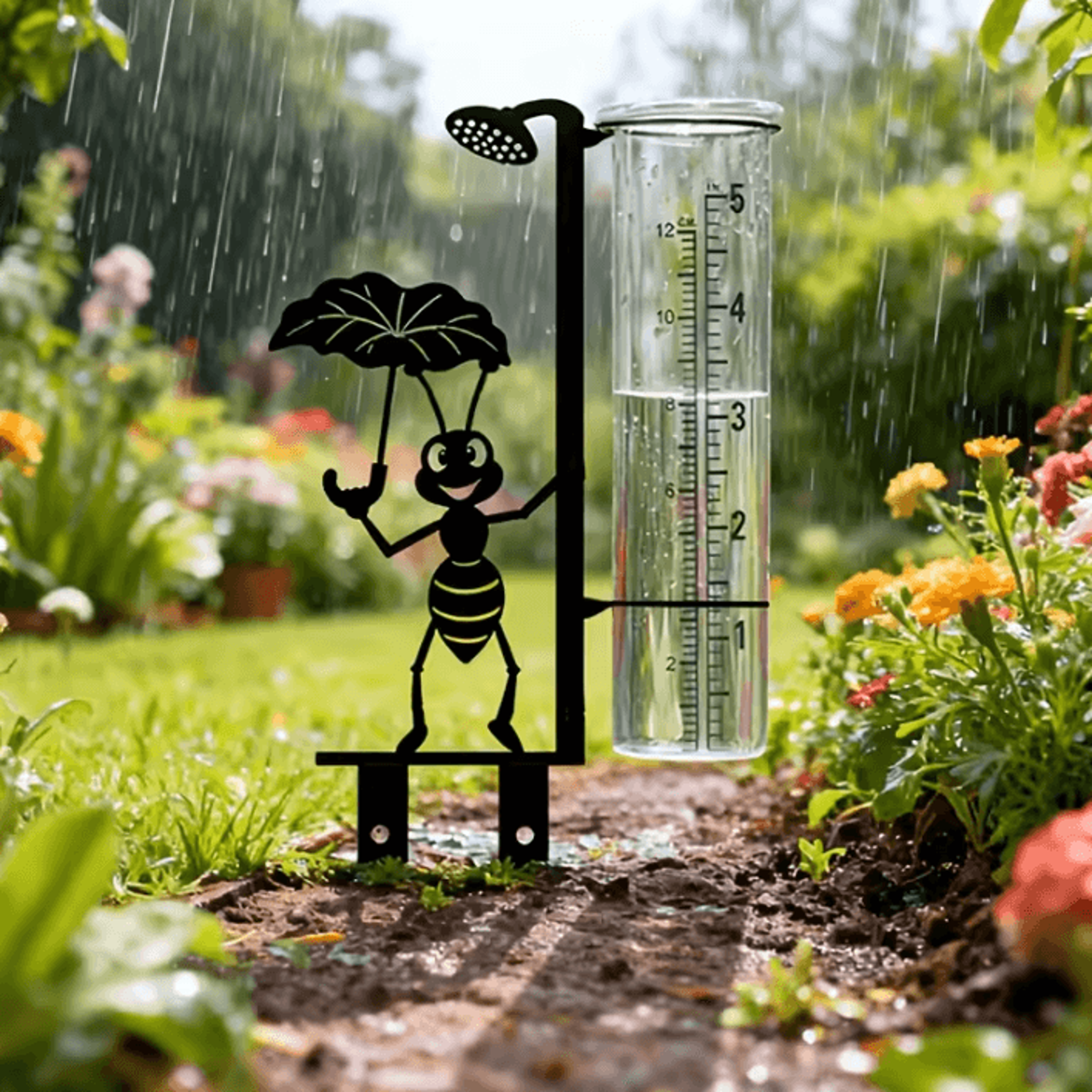 metal ant rain gauge – decorative outdoor rain meter with glass measuring tube for garden & yard