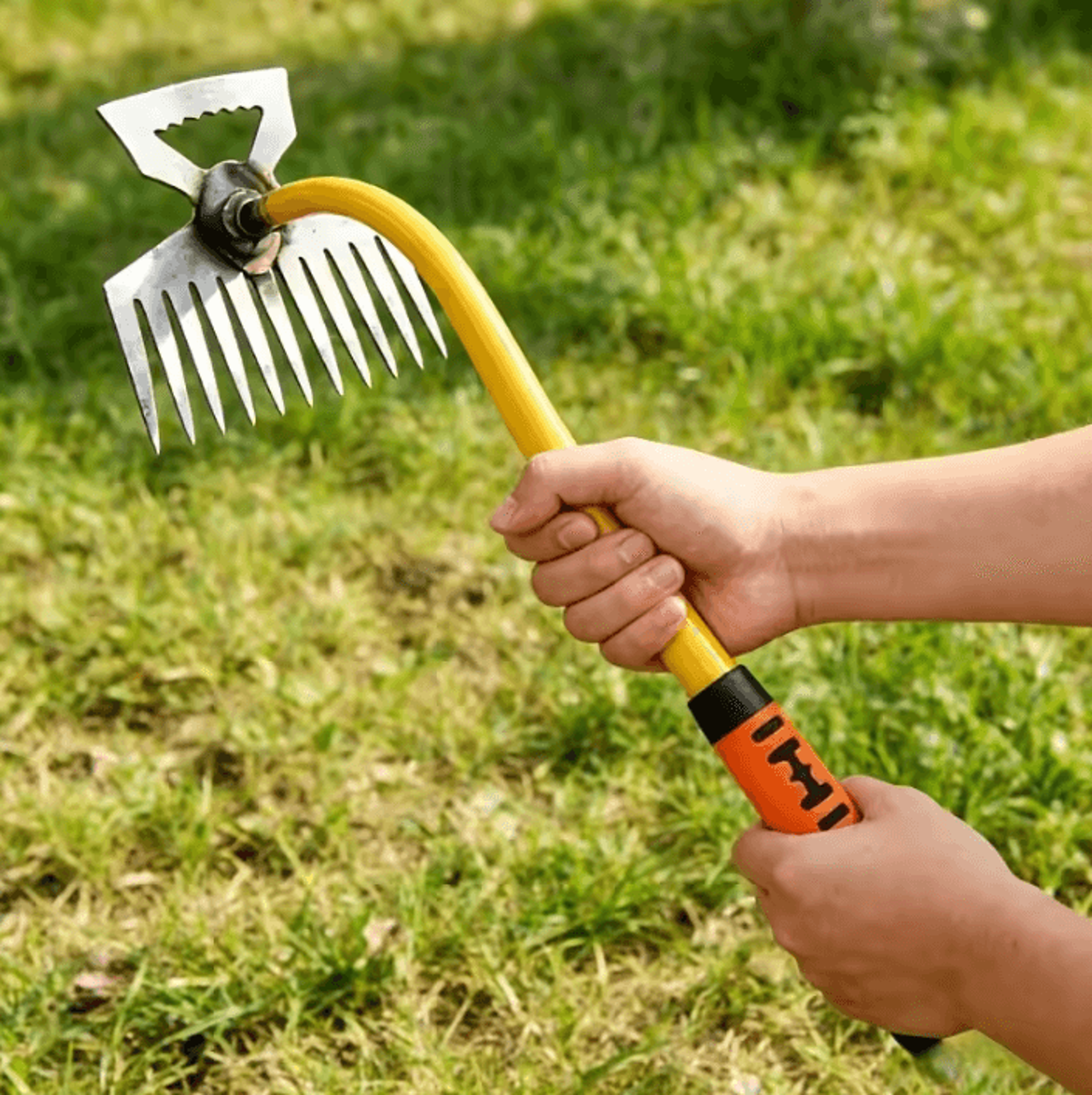 2-in-1 garden rake hoe – rustproof steel weeding tool with curved handle for backyard & vegetable gardens