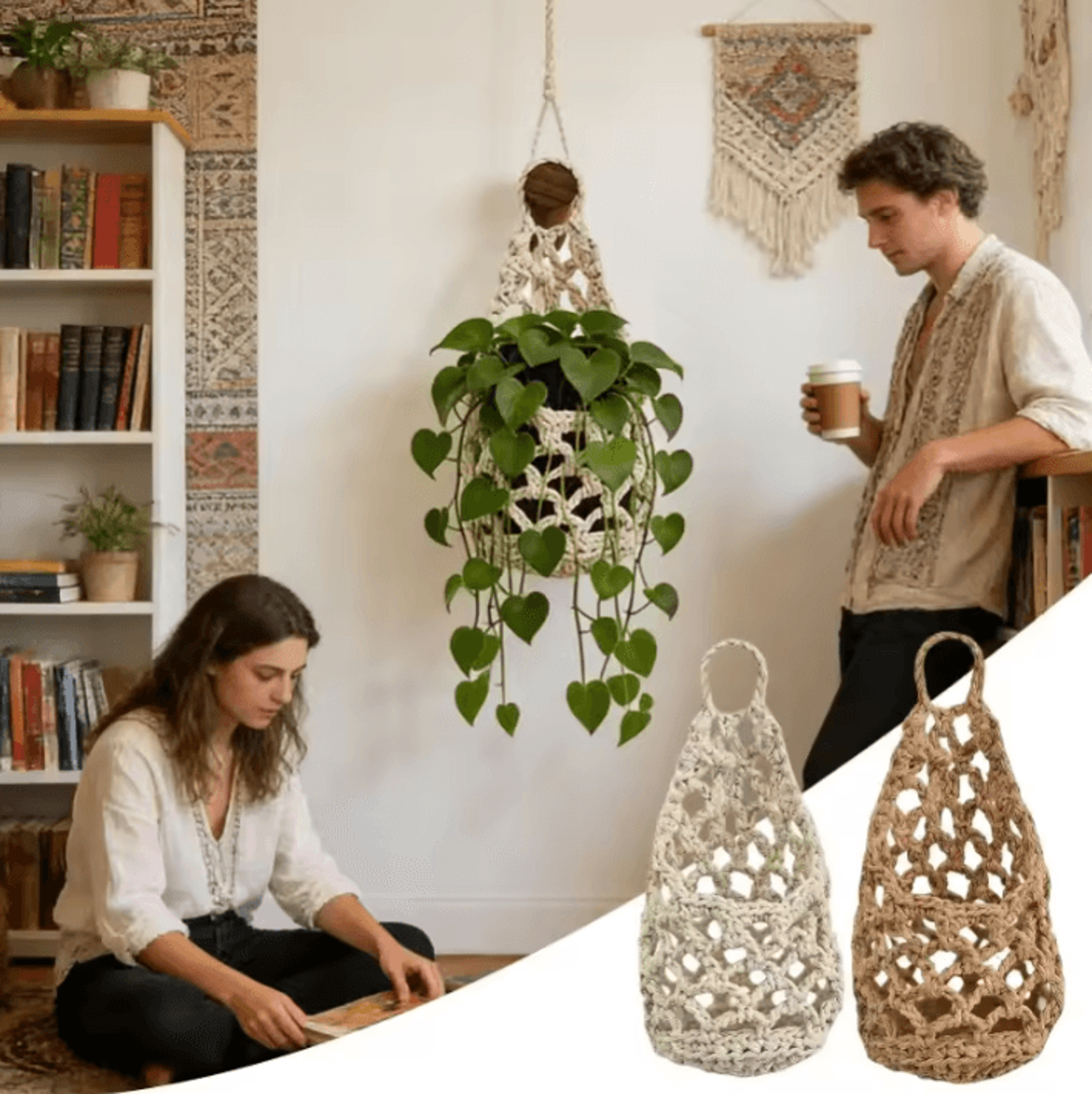 boho macrame plant hanger basket with cotton rope net pouch for home decor