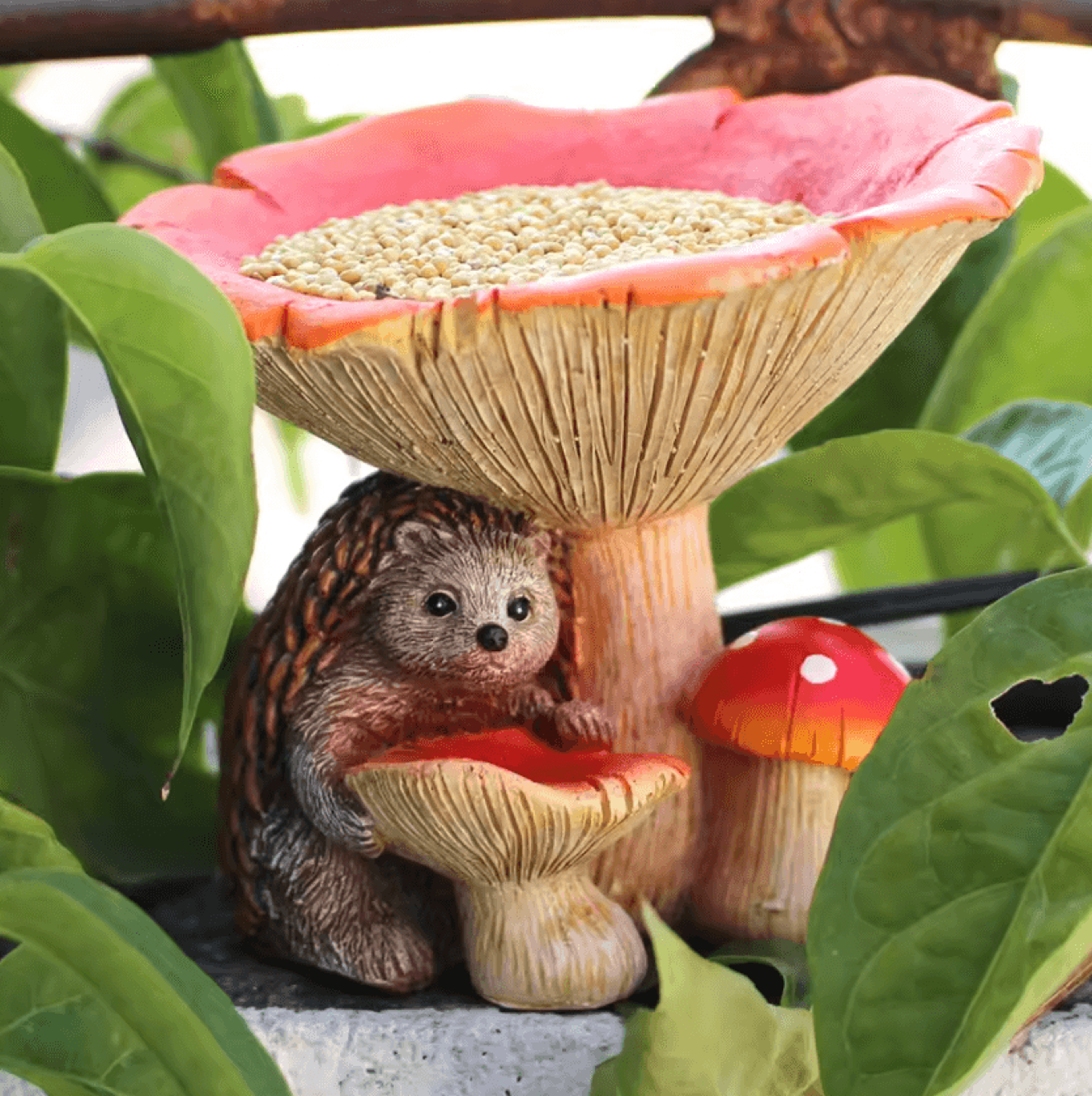 cute mushroom hedgehog bird feeder resin garden ornament
