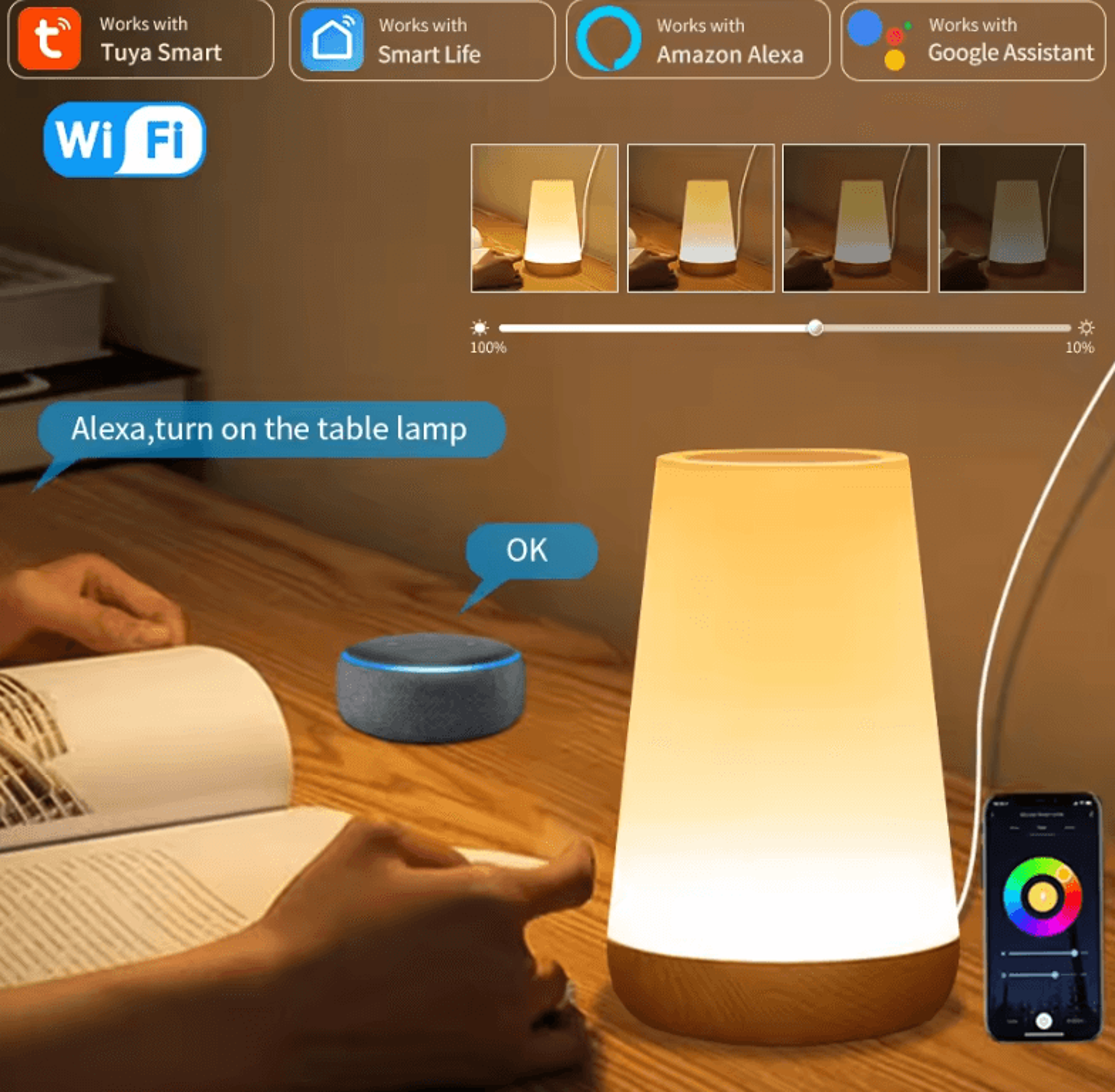 tuya wifi smart led table lamp with app & voice control for bedroom, desk & home