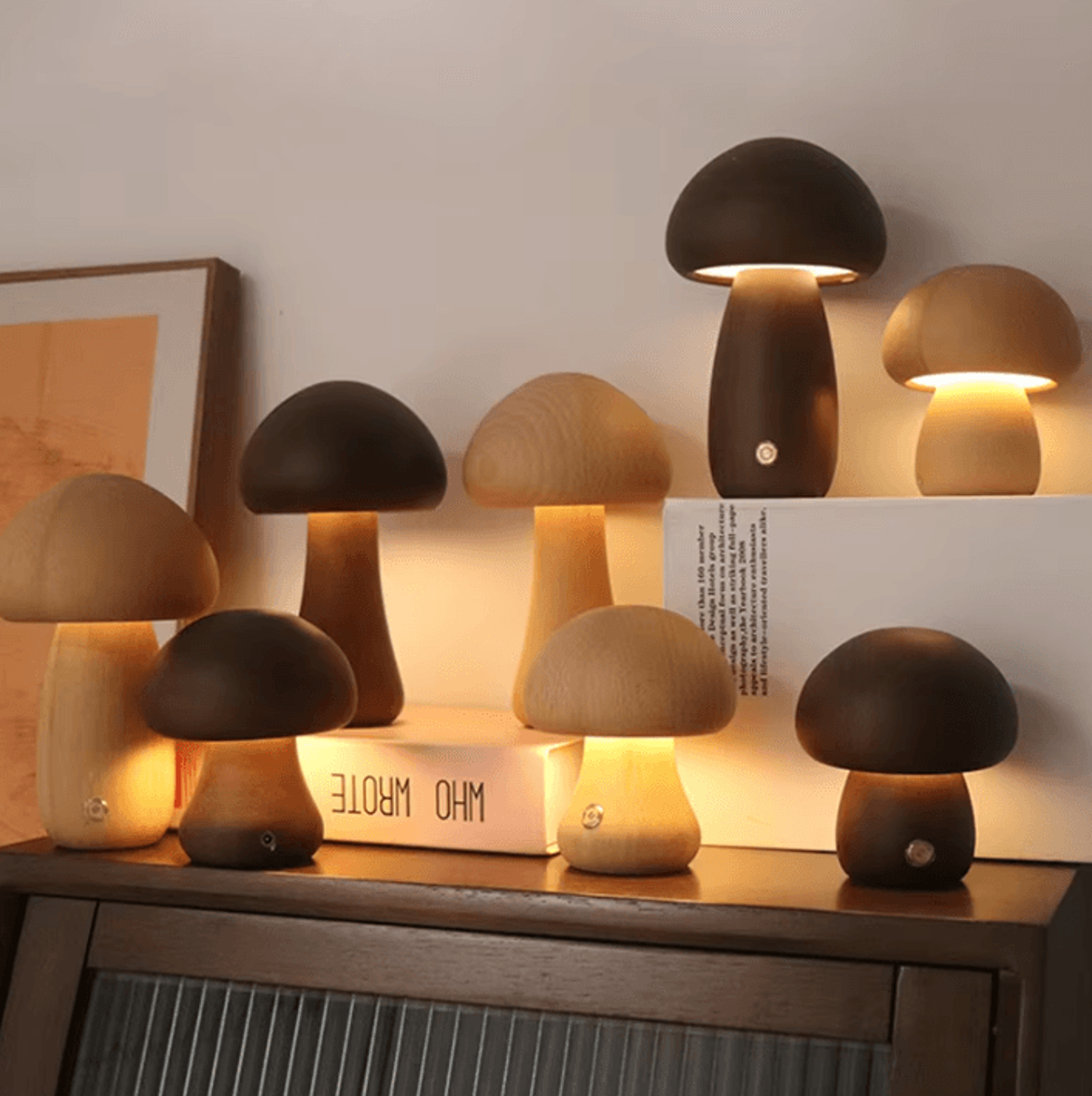 wooden mushroom led night light with touch control for bedroom & kids room